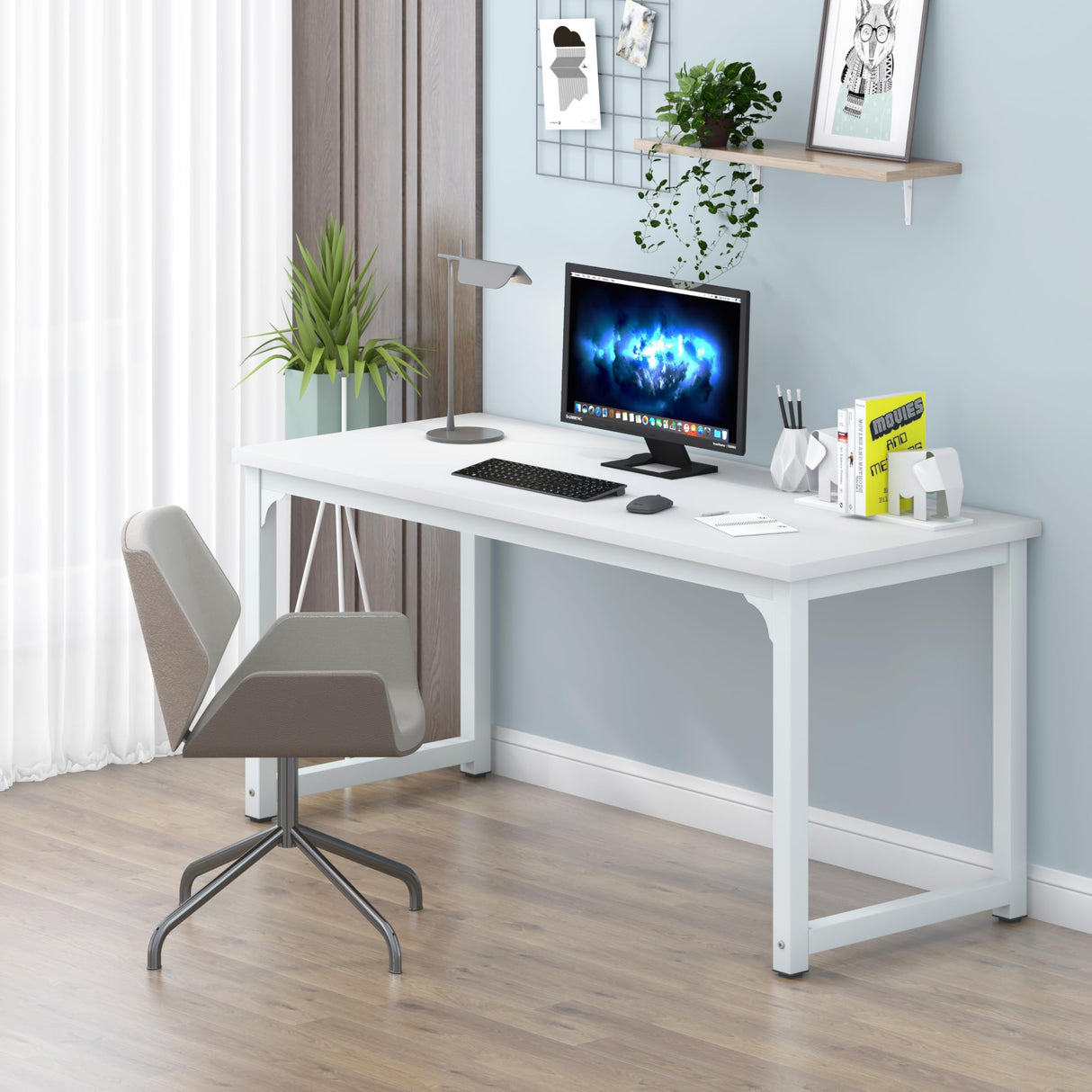 NSdirect Large Office Desk for Home Office, Large 63" Computer Desk Table, Wide Writing Study Desk for 2 Person, Metal Sturdy Frame Thicker Steel Legs, (White, 62.6" L x 22.8" W x 28.7" H) NSdirect