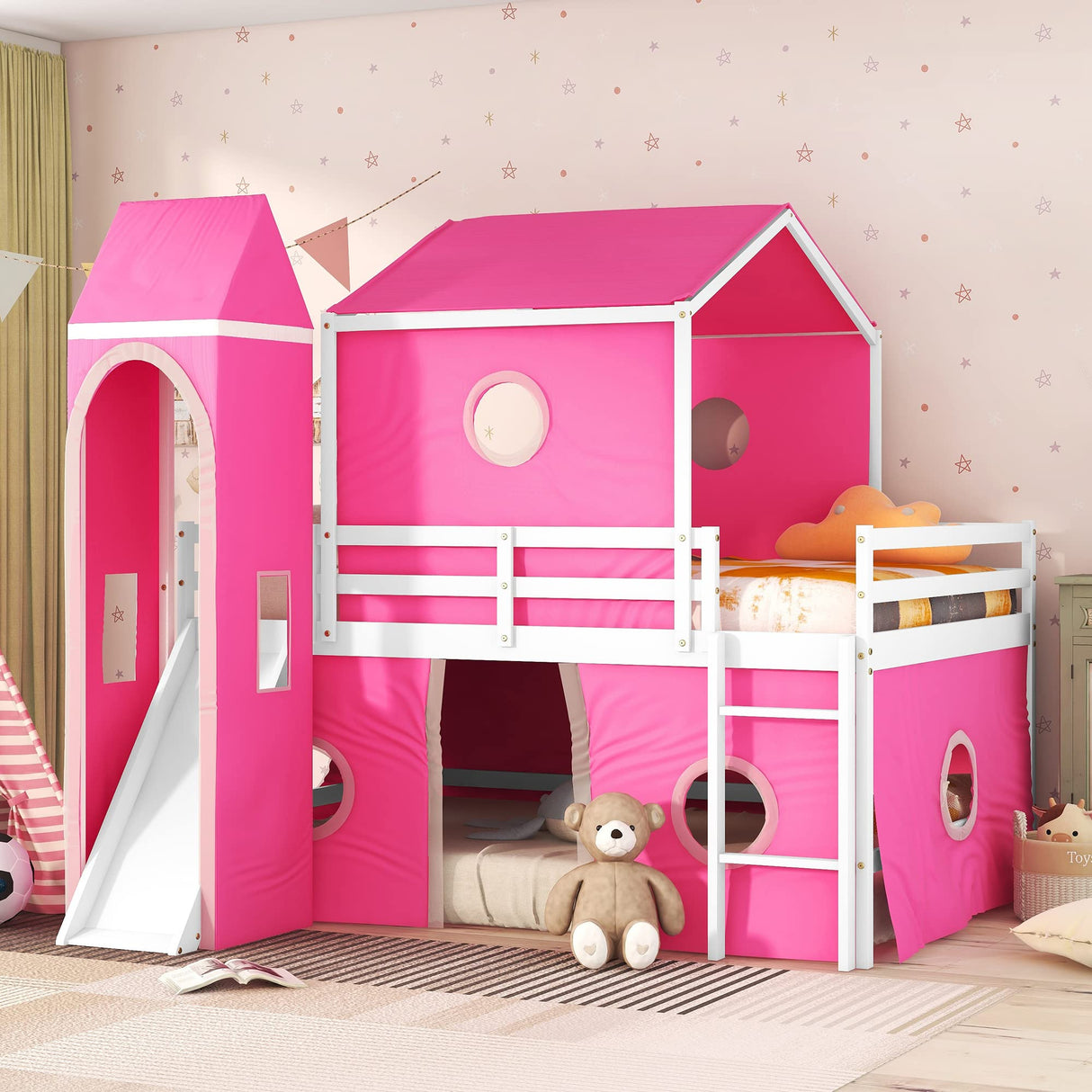 House Full Loft Bed Frame with Slide and Tent, Full Size Loft Bed with Small Pinnacle and Ladders, Wood Full Bunk Beds, Playhouse Bed Frame for Kids, Teens, Boys & Girls (Full Size, Pink) Harper & Bright Designs