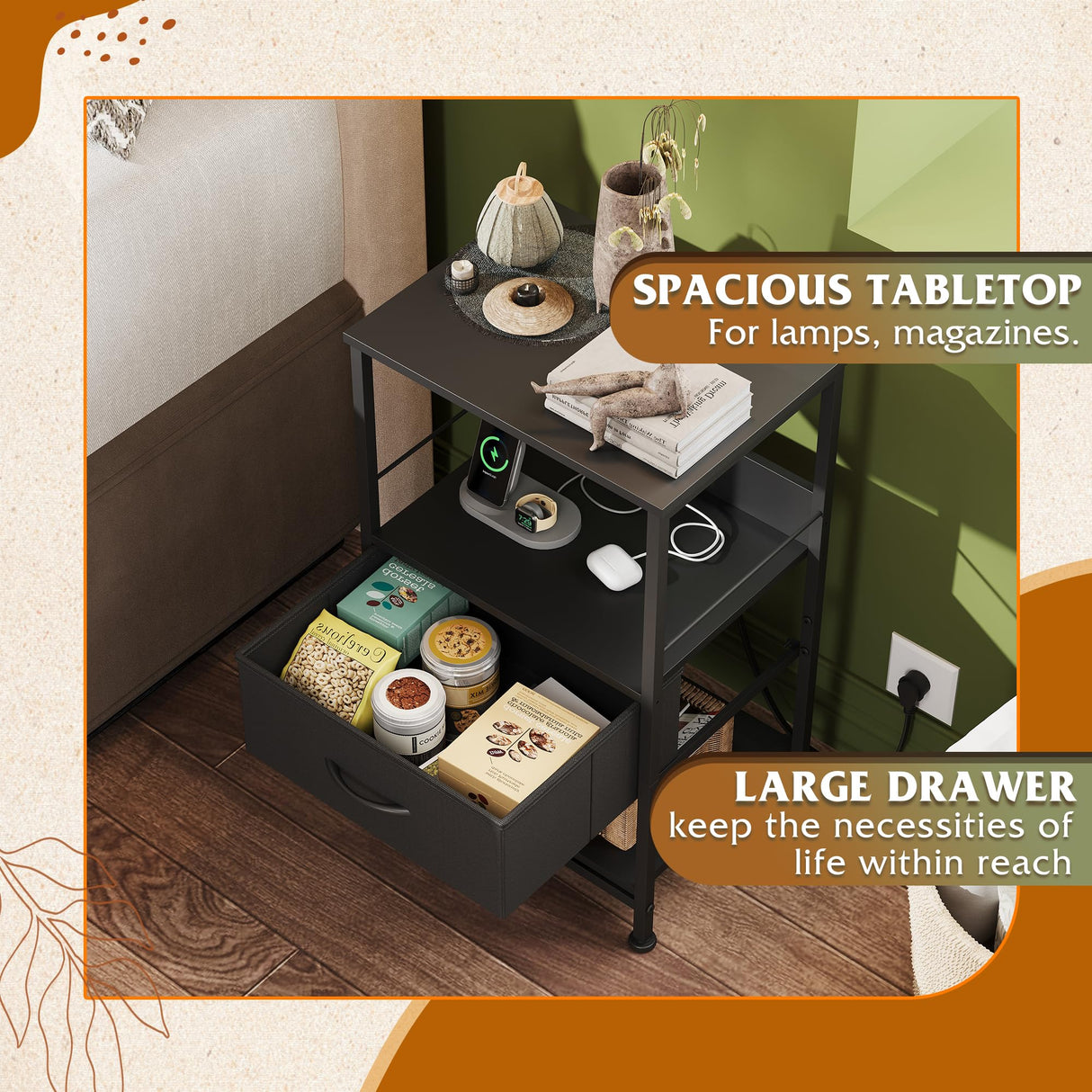 WLIVE Night Stand with Charging Station, LED Nightstand with Adjustable Fabric Drawer, 3-Tier Storage Bedside Table, Small End Side Tables for Bedroom, Black WLIVE