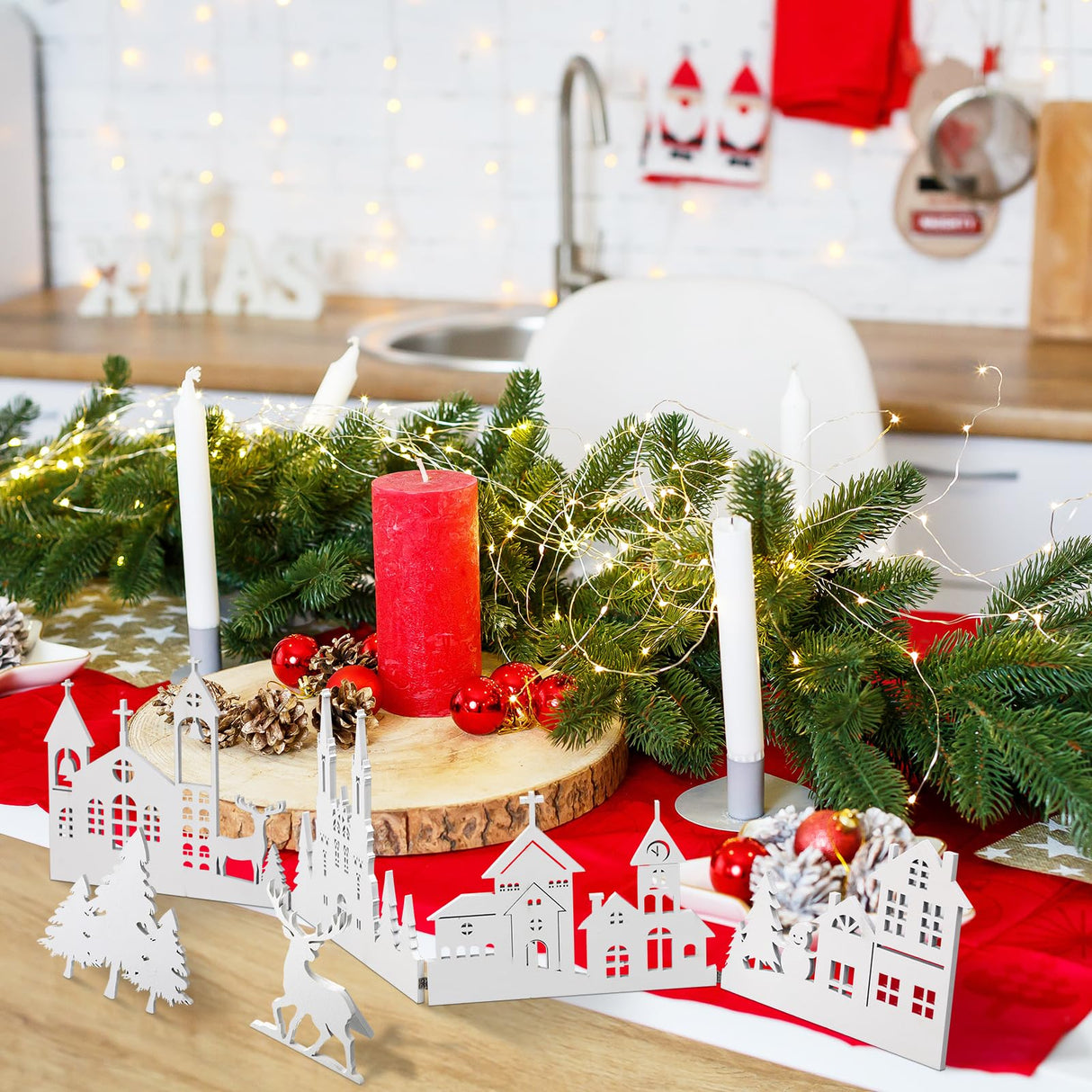 Colingmill 32 Inch Christmas Tabletop Decoration Wooden Christmas Themed White Church Christmas Tree and elk Signs Farmhouse Centerpiece Decor for Home Kitchen Table Shelf Decor Colingmill