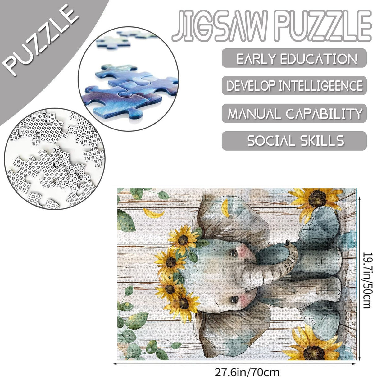 Baby Elephant Jigsaw Puzzles for Adults Painting 1000 Pieces Jigsaw Puzzle Animal Wear Sunflowers Flowers Jigsaw Puzzle Rustic Style Puzzles Game 27 x 20 Inches Puzzles for Families Game Nights Aihonmin