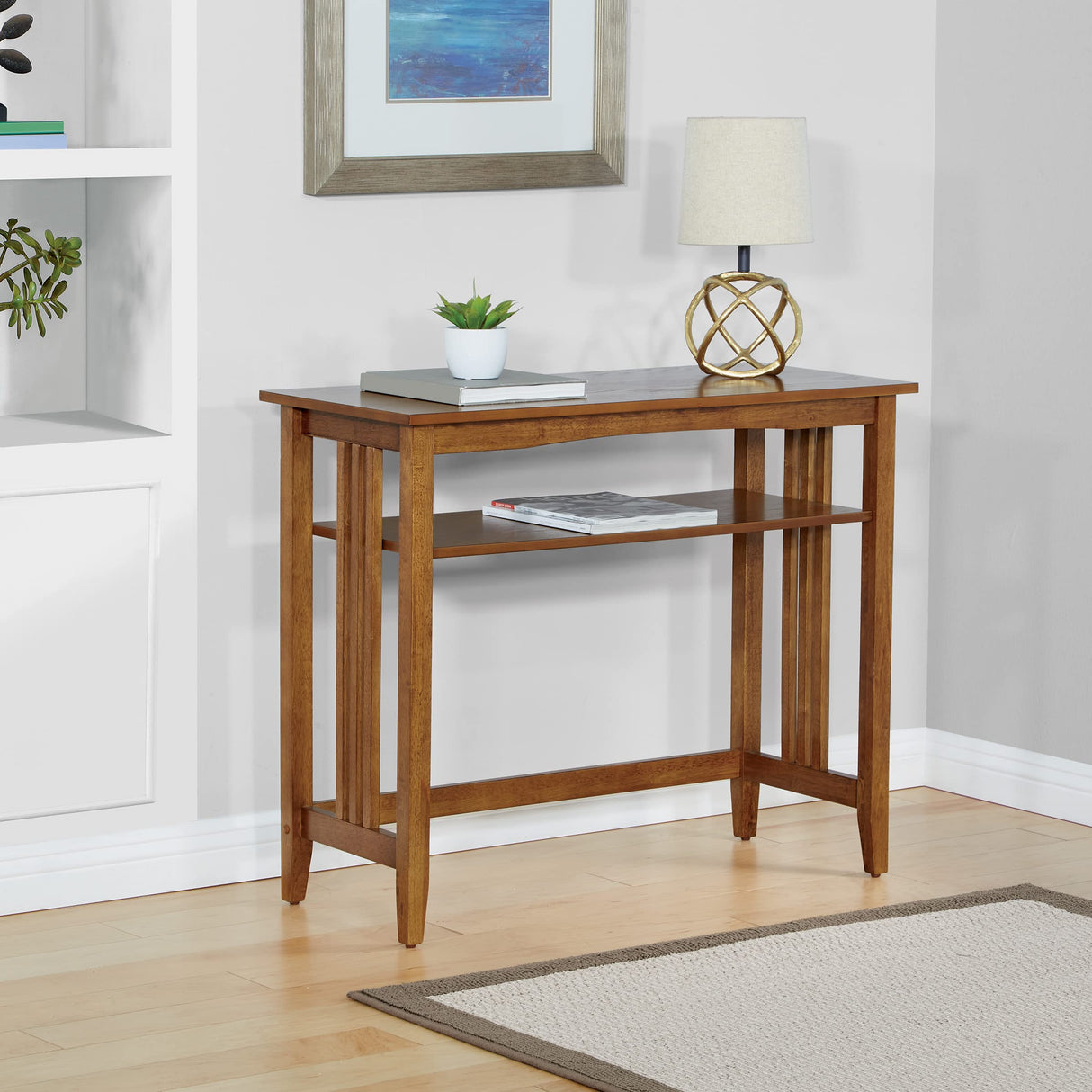 OSP Home Furnishings Sierra 36-Inch Sofa Table with Lower Storage Shelf and Mission Style Side Panels, Ash Brown OSP Home Furnishings