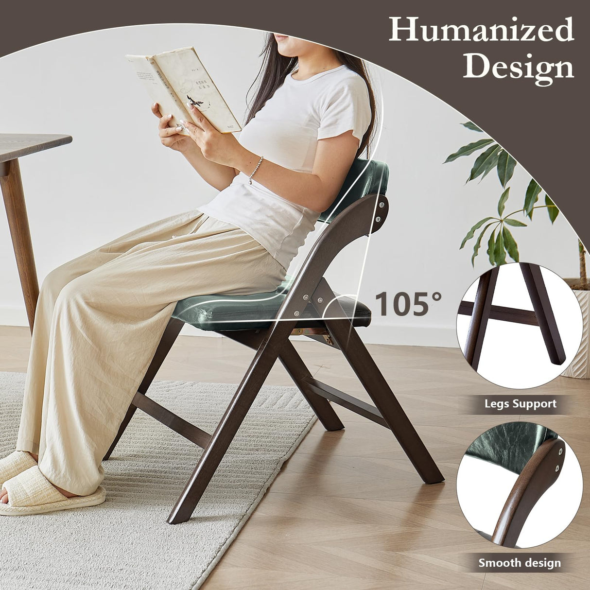 ALeesing Folding Chairs with Padded Seats, Wooden Folding Chairs Set of 2, 31" Stackable Folding Dining Chairs, Folding Extra Chair for Guests Kitchen, Bedroom, Living Room, Party Chairs, Green ALeesing