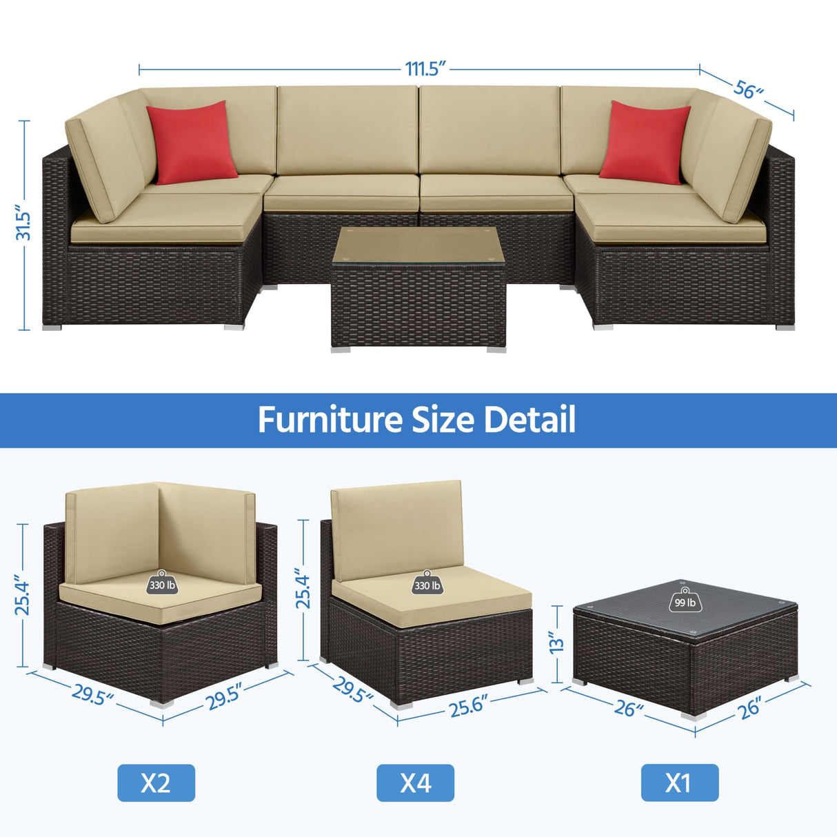Yaheetech Patio Furniture Set, 7-Piece Outdoor/Indoor Rattan Wicker Sofa Set w/Glass-top Table & Cushions, All-weather Conversation Lounge Set for Porch/Yard/Poolside/Balcony - Brown/Khaki Yaheetech