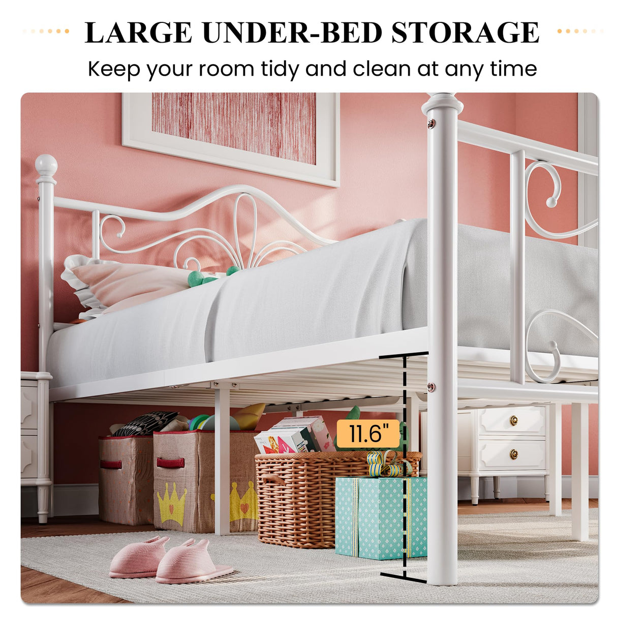 SHA CERLIN Twin Size Bed Frame for Kids,Metal Bed Frame with Butterfly Pattern Design Headboard & Footboard,No Box Spring Needed,Easy Assembly,White SHA CERLIN