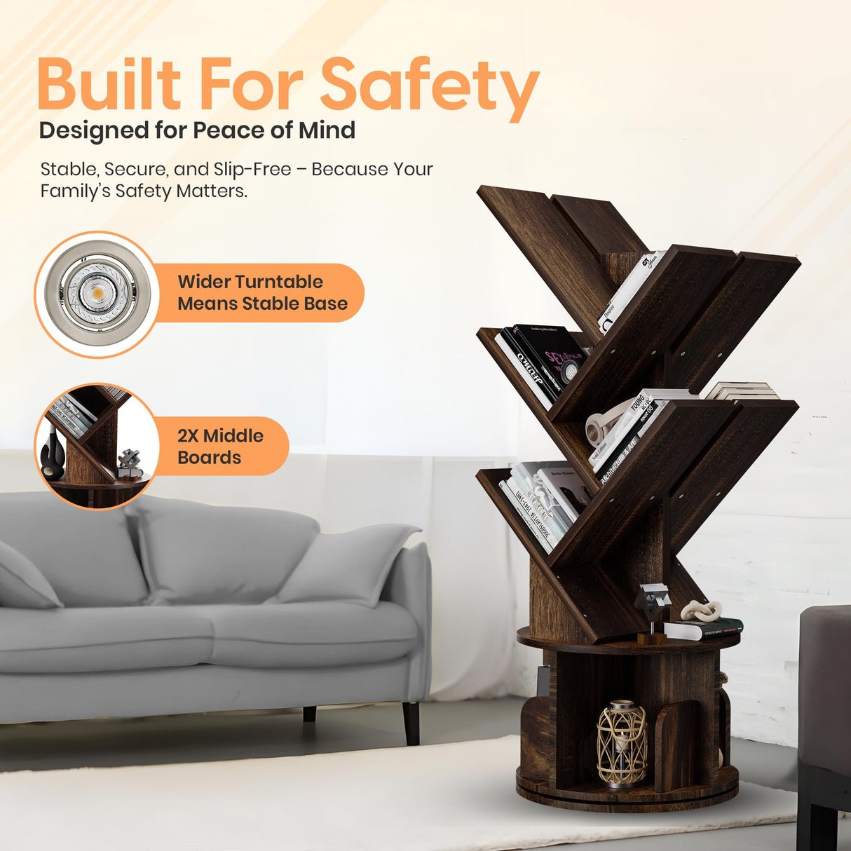 UniRodea Rotating Bookshelf Tree, 5 Tier Space Saving Narrow Bookcase, Unique 360° Spinning Tower, Premium Wood Corner Book Shelf for Kids or Office, Tall Standing Storage Organizer UniRodea