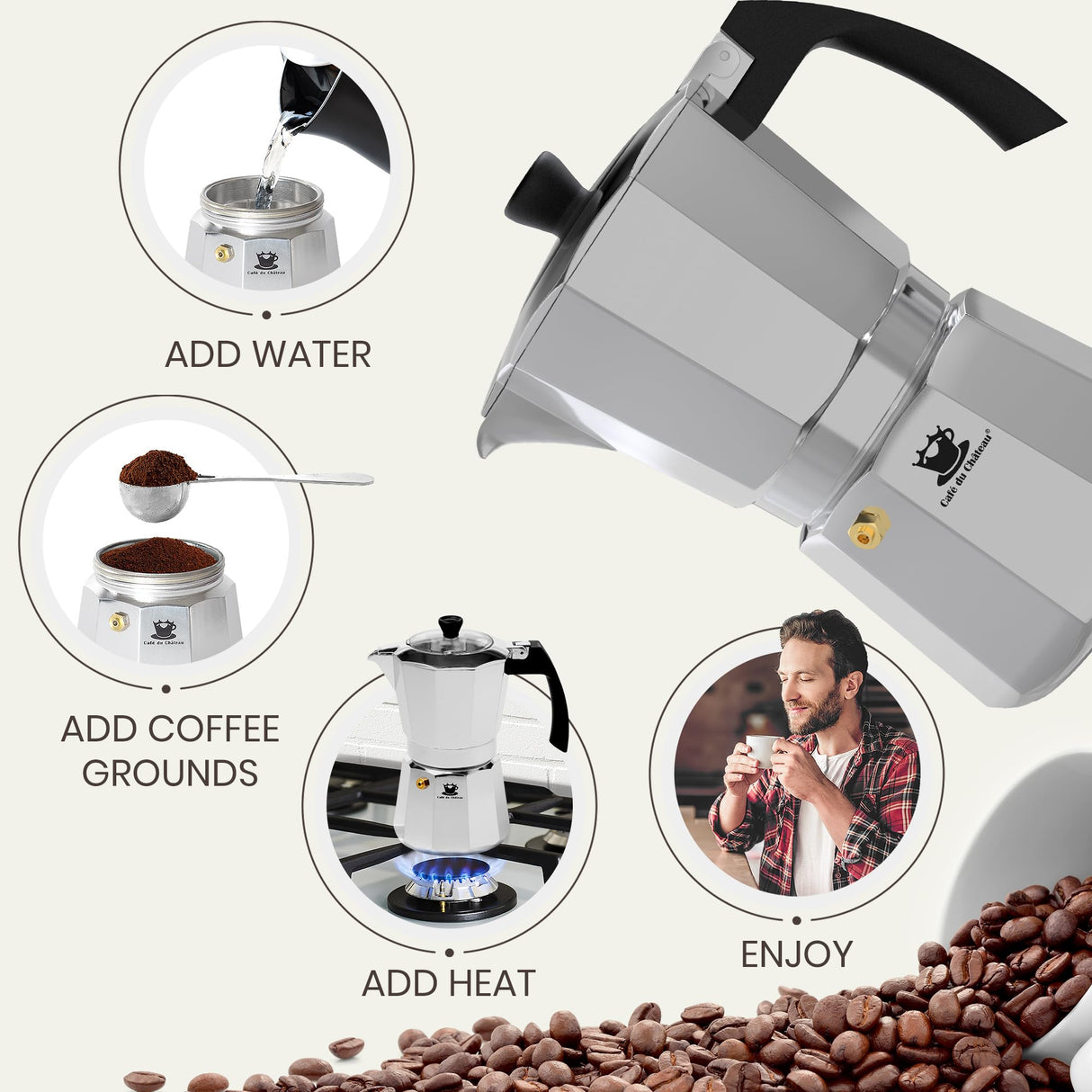 Cafe Du Chateau Espresso Maker (6 cup) Transparent Top Lid, High Gloss Finish, with Coffee Clip Spoon - Coffee Percolator, Camping Coffee Pot Cafe Du Chateau