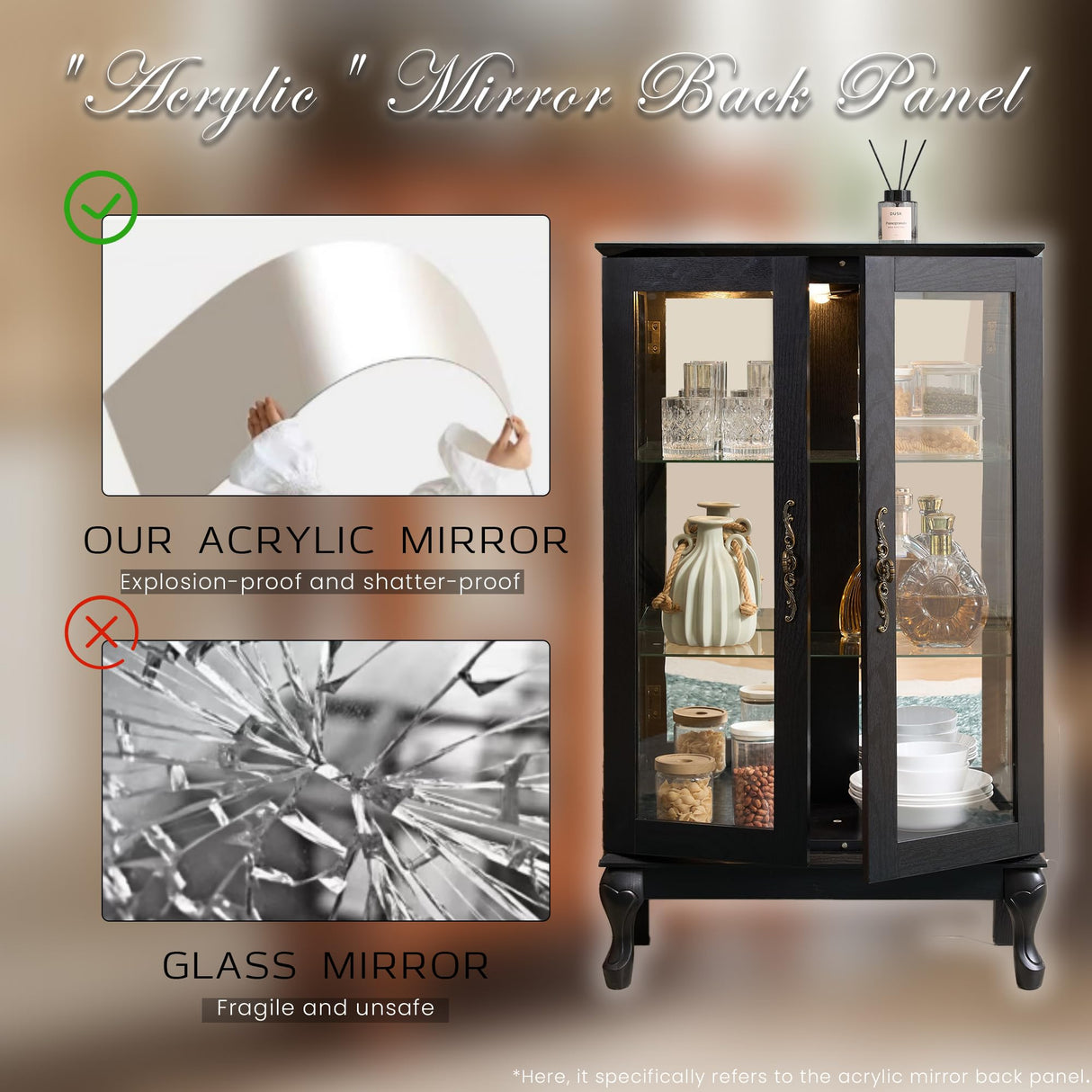 Lighted Curio Cabinet, 44" H Glass Display Case with Adjustable Glass Shelves, Vintage China Cabinet with Mirrored Back Panel & 3-Tier Shelves, Blub Included, Rack for Living Room (Black) CKEASEAN