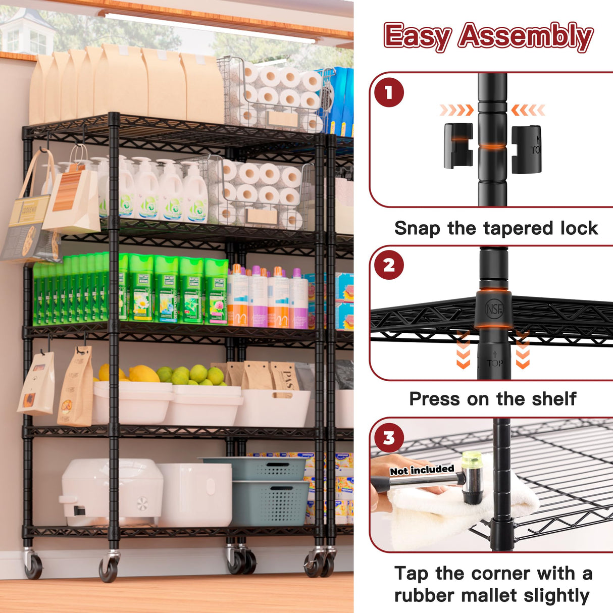 PrimeZone Wire Shelving Unit with Wheels, 5 Tier Adjustable NSF Certified Heavy Duty Metal Storage Shelves, Pantry Organizer Rack Rolling Kitchen Shelf for Closet Garage, 24" W x 18" D x 75" H, Black PrimeZone
