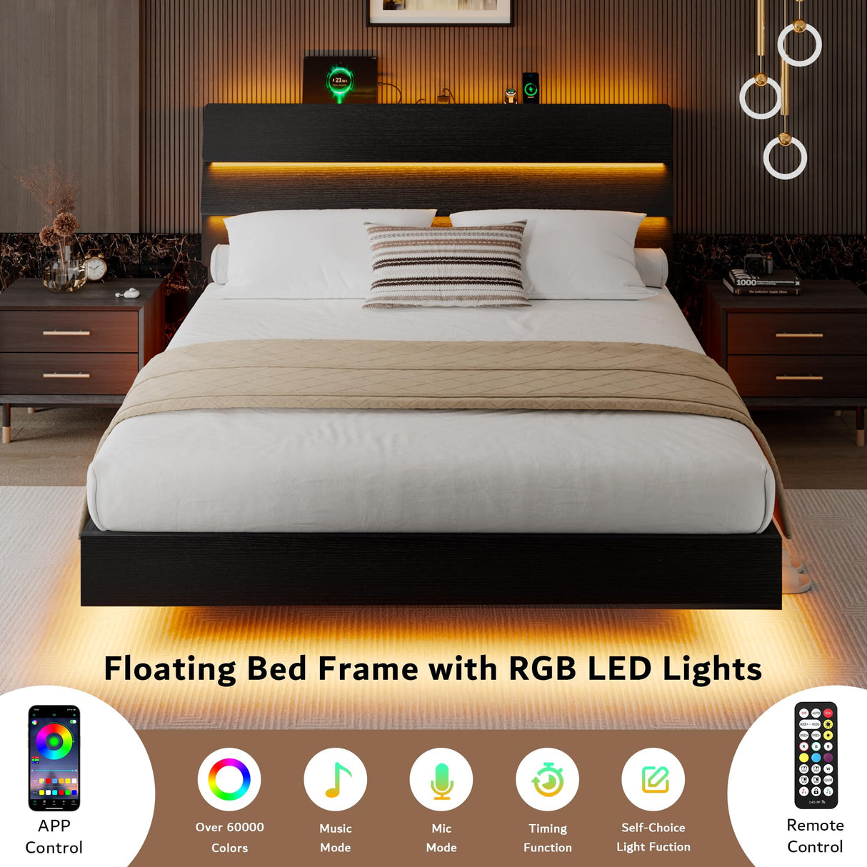 iPormis Queen Floating Bed Frame with LED Lights & Charging Station, Platform Bed with Wooden Storage Headboard, Steel Slats Support, No Box Spring Needed, Easy Assembly, Noise-Free, Black iPormis