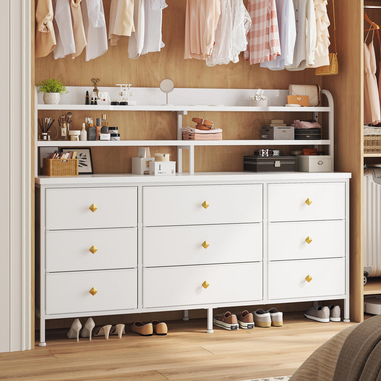 EnHomee 51.2" W White Dresser with 13 Drawers and LED Lights, White Dresser for Bedroom with Fabric Drawer, Long Dressers & Chests of Drawers, Dresser for Bedroom with Shelves for Closet EnHomee