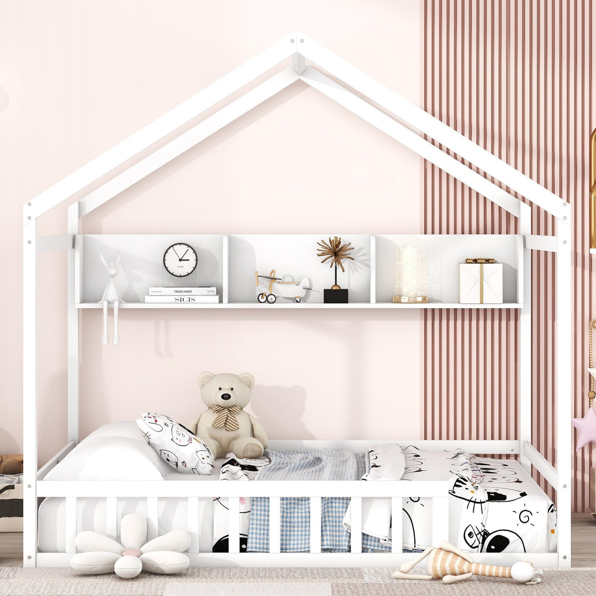 Bellemave Wooden Montessori Full Size House Bed with Fence Railings and Storage Shelf in White Bellemave