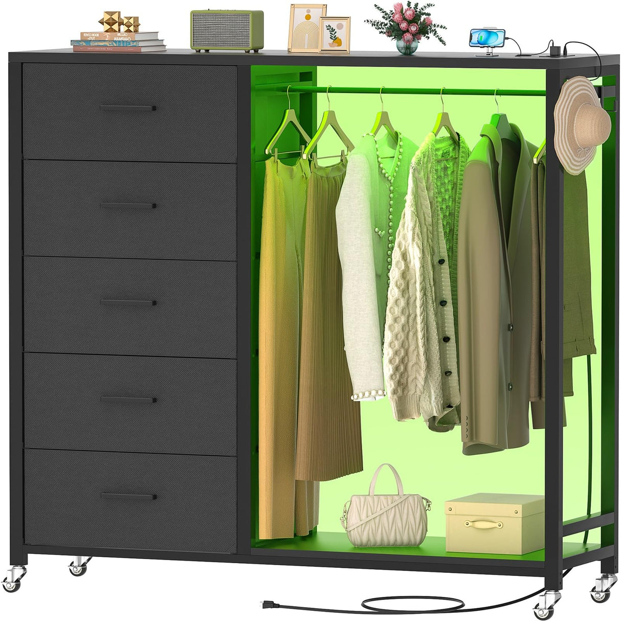 Cyclysio 5 Drawers Dresser with Charging Station & LED Lights, Dresser for Closet with 5 Fabric Drawers, Lockable Wheels, Bedroom, Entryway Cyclysio