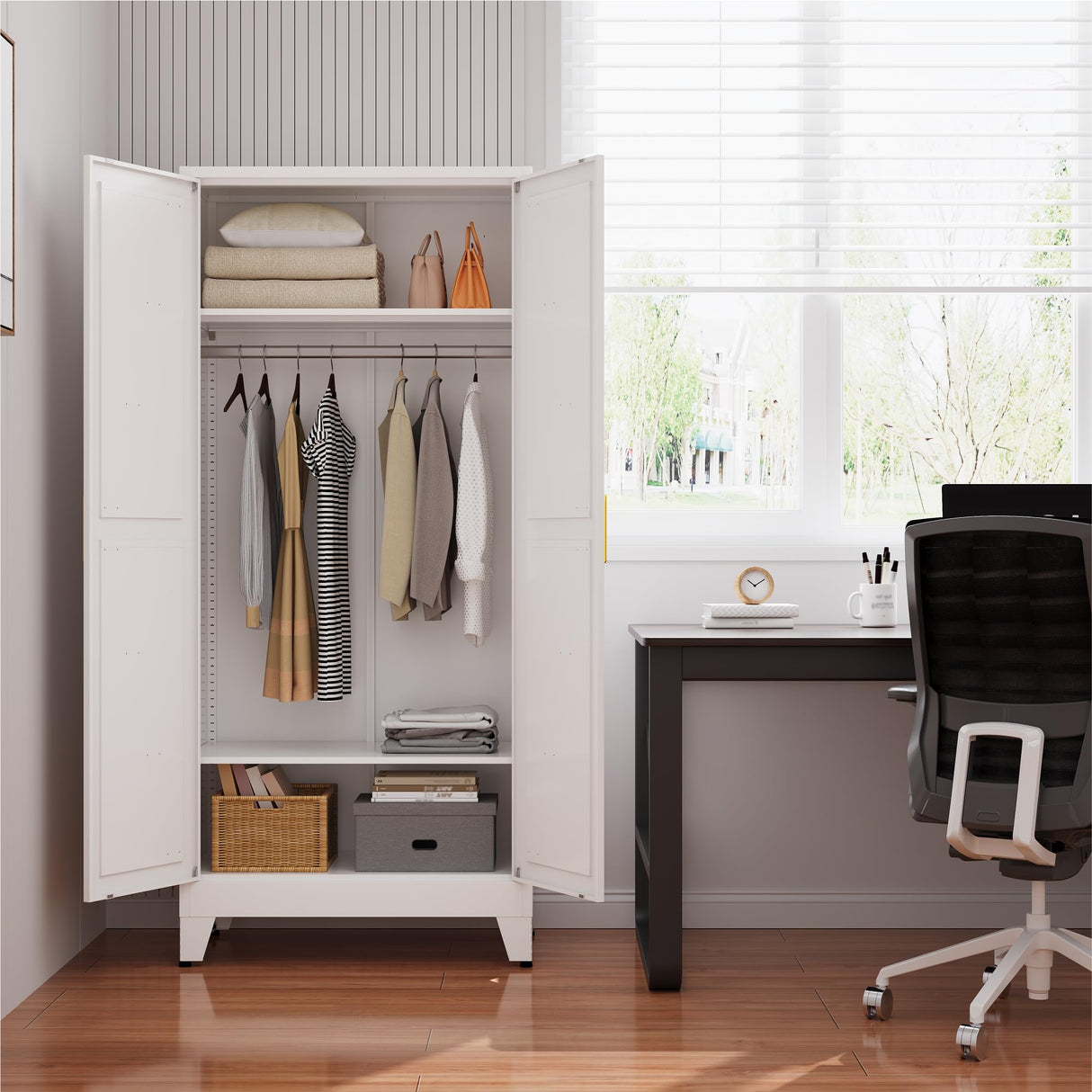 XIUSVON Metal armoire Wardrobe Closet with Hanging Rod,71'' Metal Wardrobe Cabinet with 2 Doors and 2 Adjustable Shelves, Bedroom armoires,Laundry Room cabinets,armario de ropa Closet(Classic, White) XIUSVON