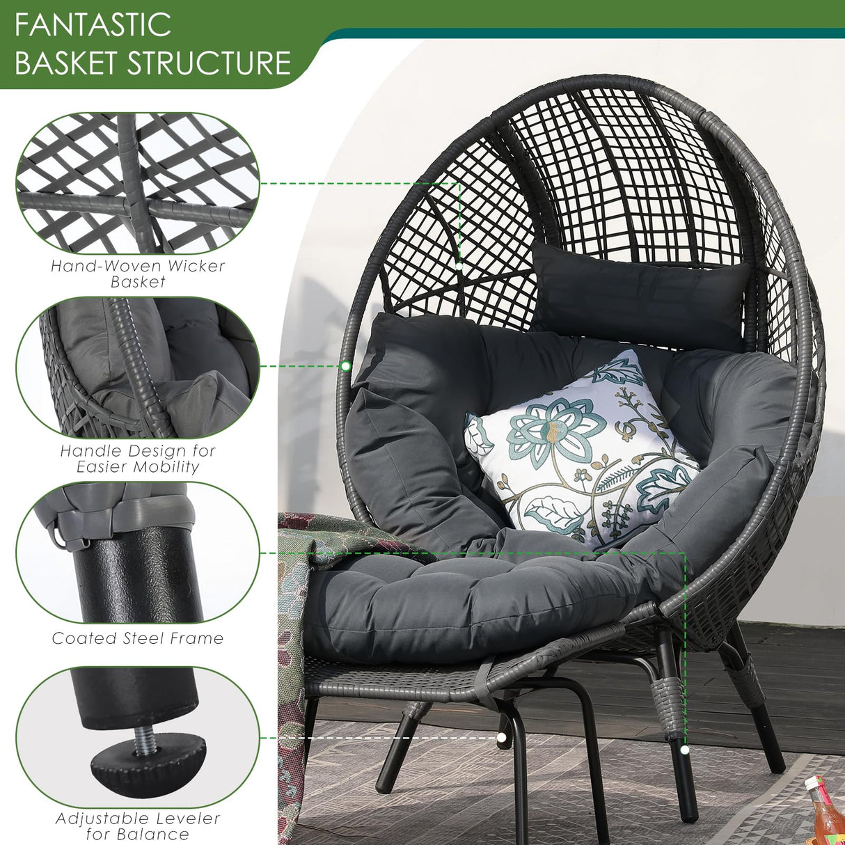 NICESOUL Patio Egg Chair with Ottoman, Indoor Outdoor Egg-Shell Lounge Chair, Cozy Oversized Round Circle Chair, 440lbs Boho Rattan Egg-Shaped Papasan w/Cushion for Living Room, Exterior, Porch, Gray NICESOUL