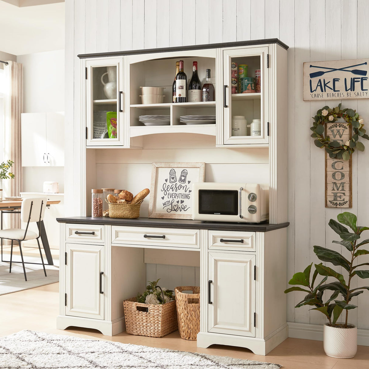 JXQTLINGMU Farmhouse 76" Height Computer Desk with Hutch, Office Desk with Charging Station, Drawers and Storage Cabinet, Workstation for Office Home, Off White JXQTLINGMU