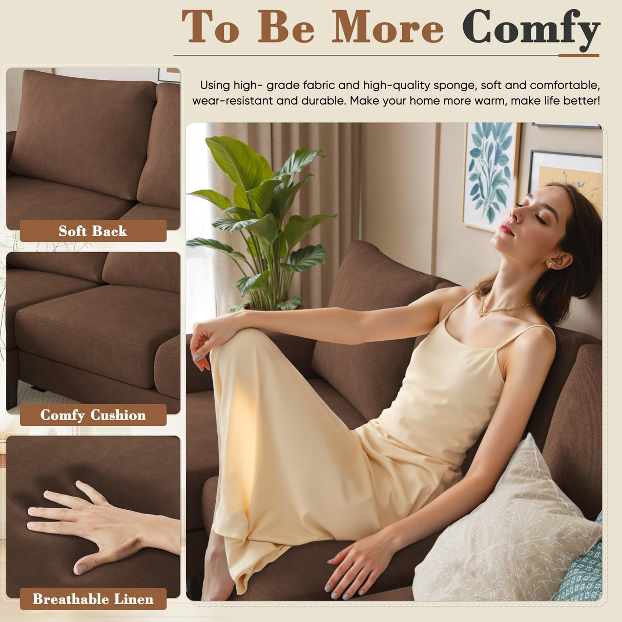 Homall Sofa for Living Room, Couch with Convertible Chaise, 3 Seat L-Shaped Sofas, Comfy Fabric Couches for Apartment, Small Space, Elegant Brown Homall