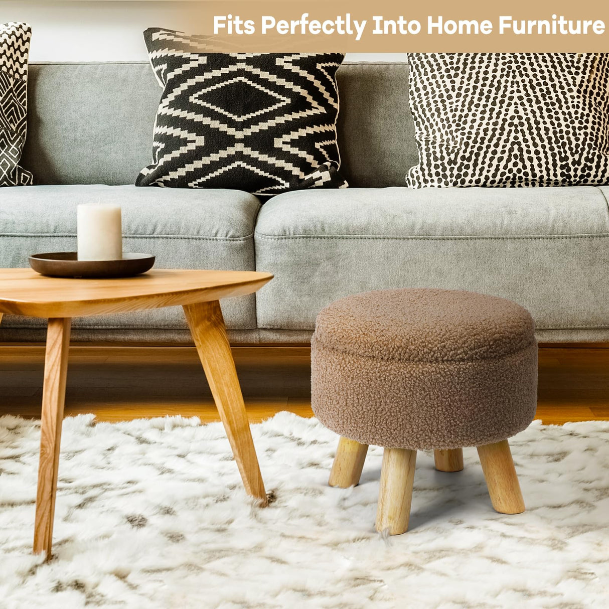 OGEMXU Storage Ottoman, Round Small Ottoman with Storage, Teddy Velvet Foot Stool with Wood Legs, Foot Rest for Chair, Soft Sponge Footstool for Living Room, Couch, Bedroom (Camel Brown) OGEMXU