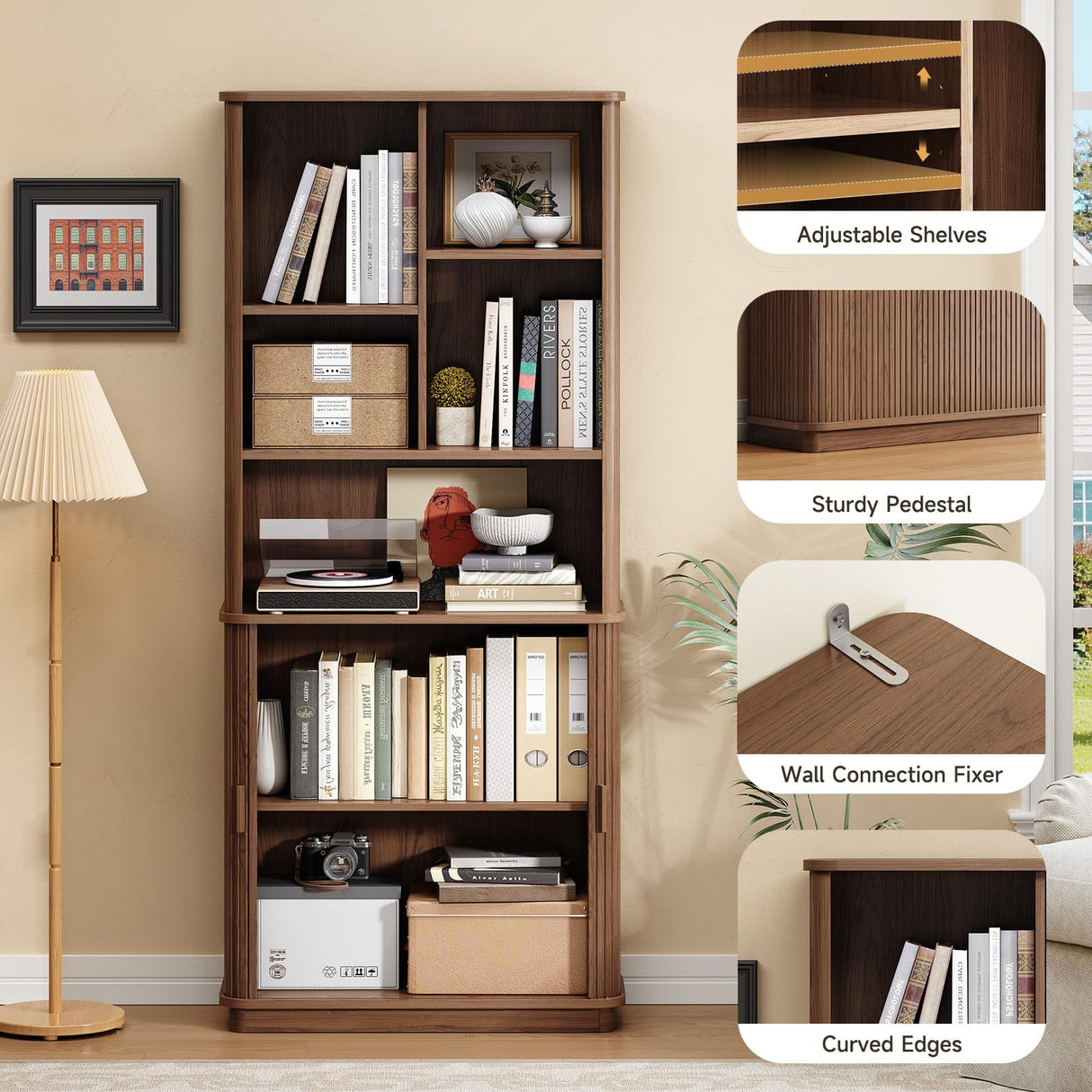 ONBRILL 71" Tall Cube Bookcase, Curved Bookshelf with Storage Cabinet & Adjustable Storage Shelf, Freestanding Wood Bookcase with Sliding Door & Sturdy Pedestal, for Home Office, Living Room, Walnut ONBRILL