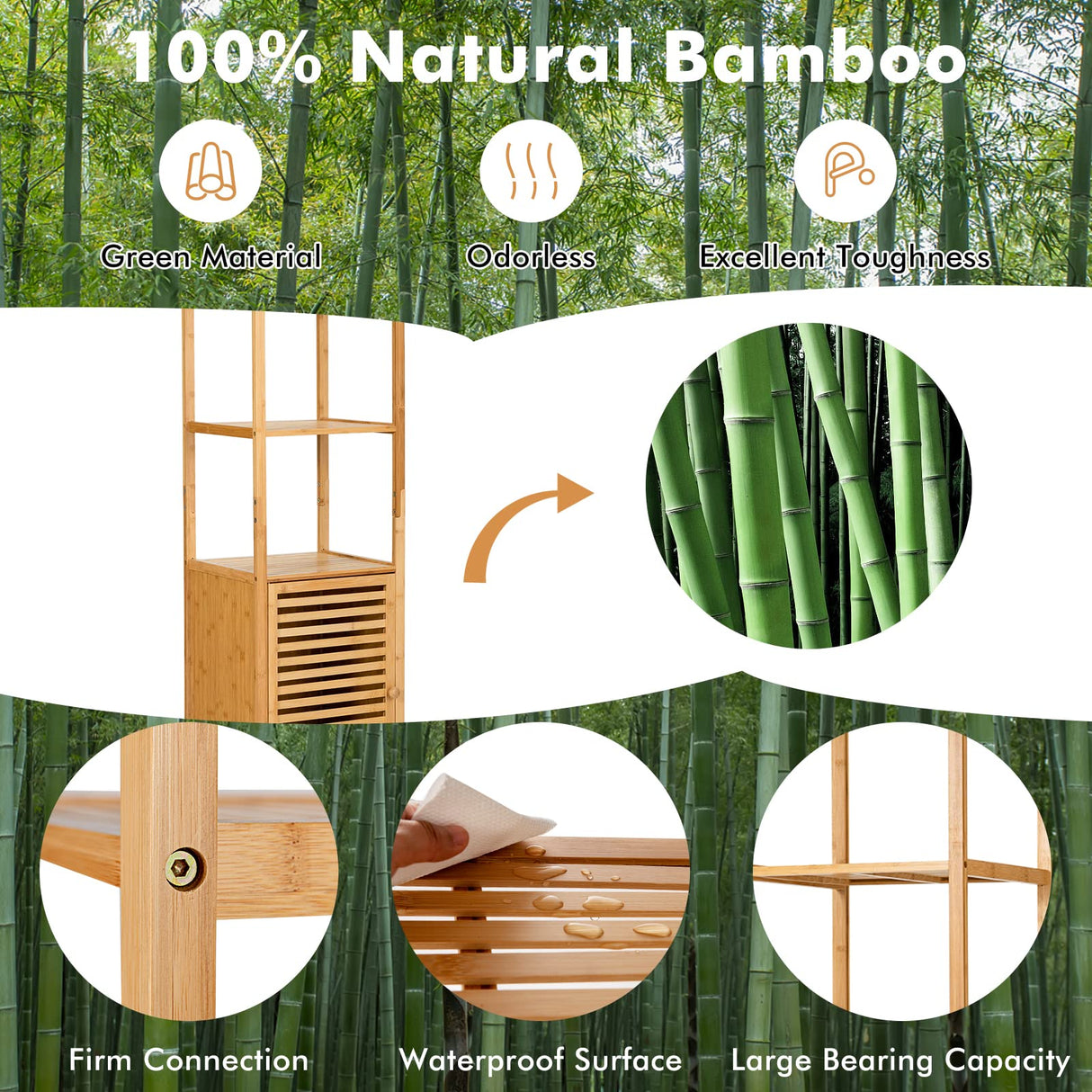 LOKO Tall Bamboo Cabinet, Slim Narrow Floor Storage Cabinet with 3 Tier Shelves & Shutter Door, Freestanding Linen Tower Cabinet for Bathroom, Living LOKO