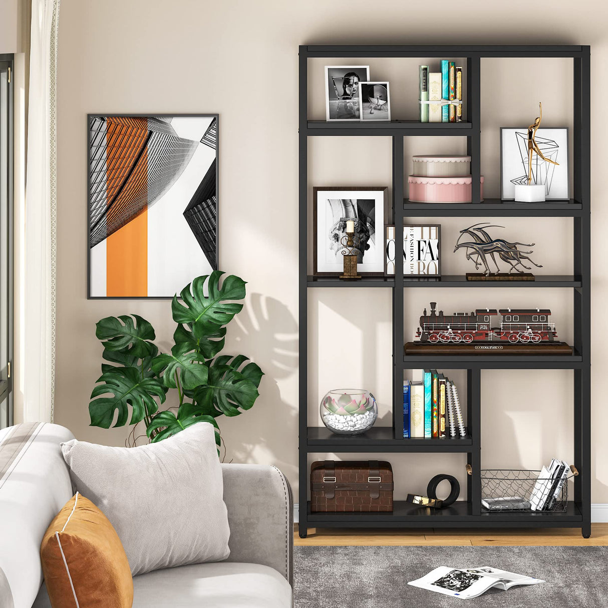 79-Inch Tribesigns 7-Tier Industrial Bookshelf with 10 Open Shelves in Black Tribesigns