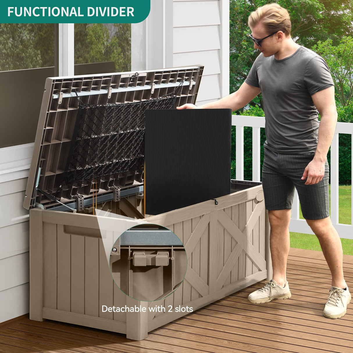 YITAHOME 120 Gallon Large Deck Box w/Flexible Divider & Storage Net, Resin Outdoor Storage Boxes, Waterproof Cushion Storage Bench for Patio, Pool Supplies, Garden Tools - Lockable, Light Brown YITAHOME