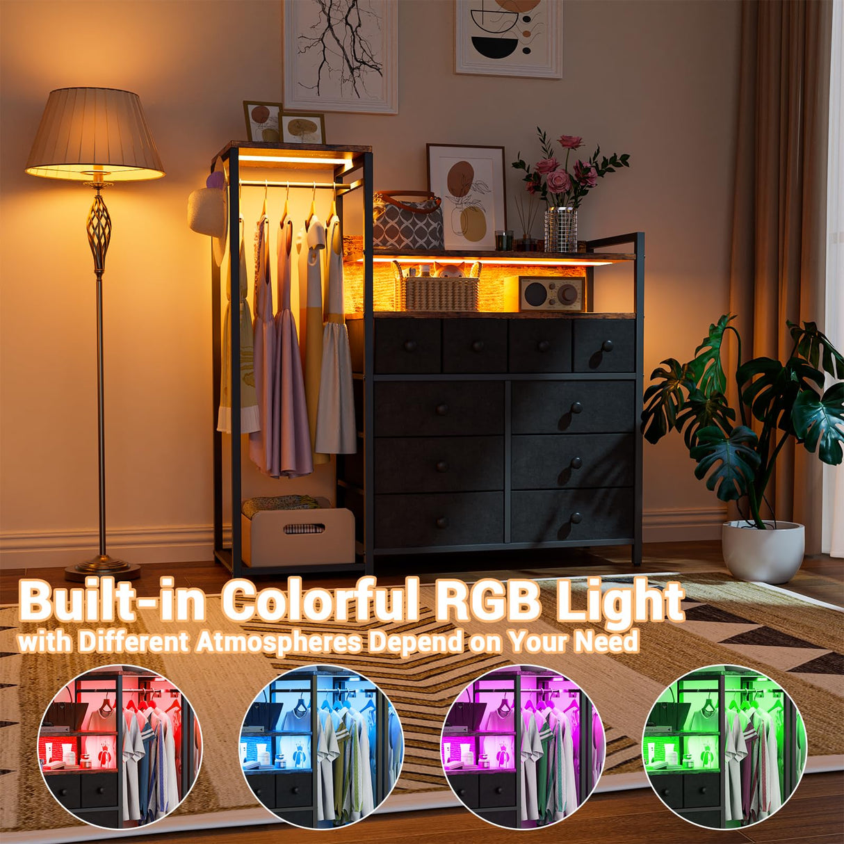 HPWLYO 10 Fabric Drawers Dresser with LED Light,Black Dresser for Bedroom with Clothes Rack, Tall Storage Chest of Drawers, Dressers & Chests of Drawers, Wooden Top, Bedroom, Closet Upgraded HPWLYO