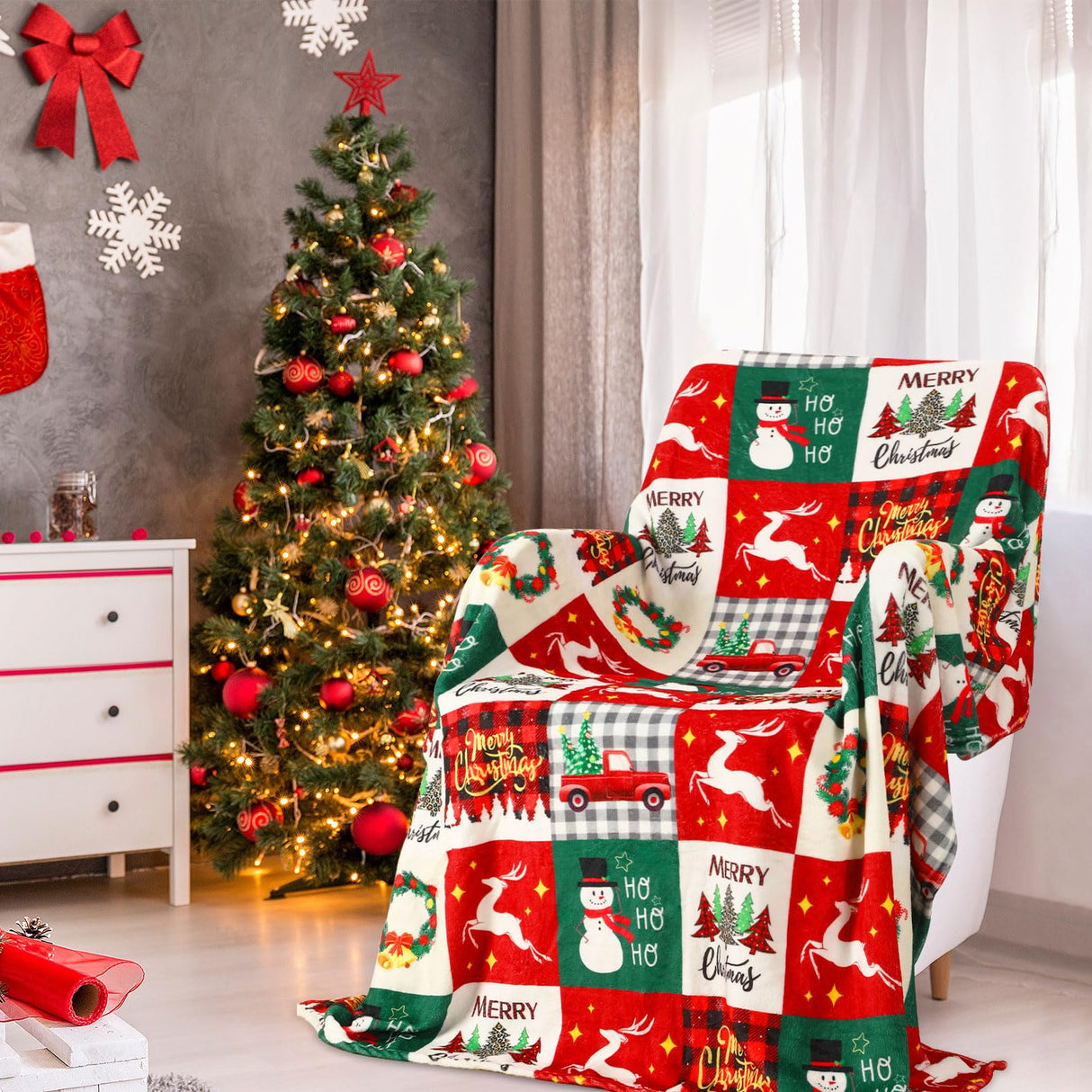 Jansun Christmas Throw Blanket, Snowman Tree Christmas Plaid Throw Blanket for Women Men Soft Couch Living Room Bed Blanket for Girls Boys, Red and Green Checkered Blanket for Christmas Jansun