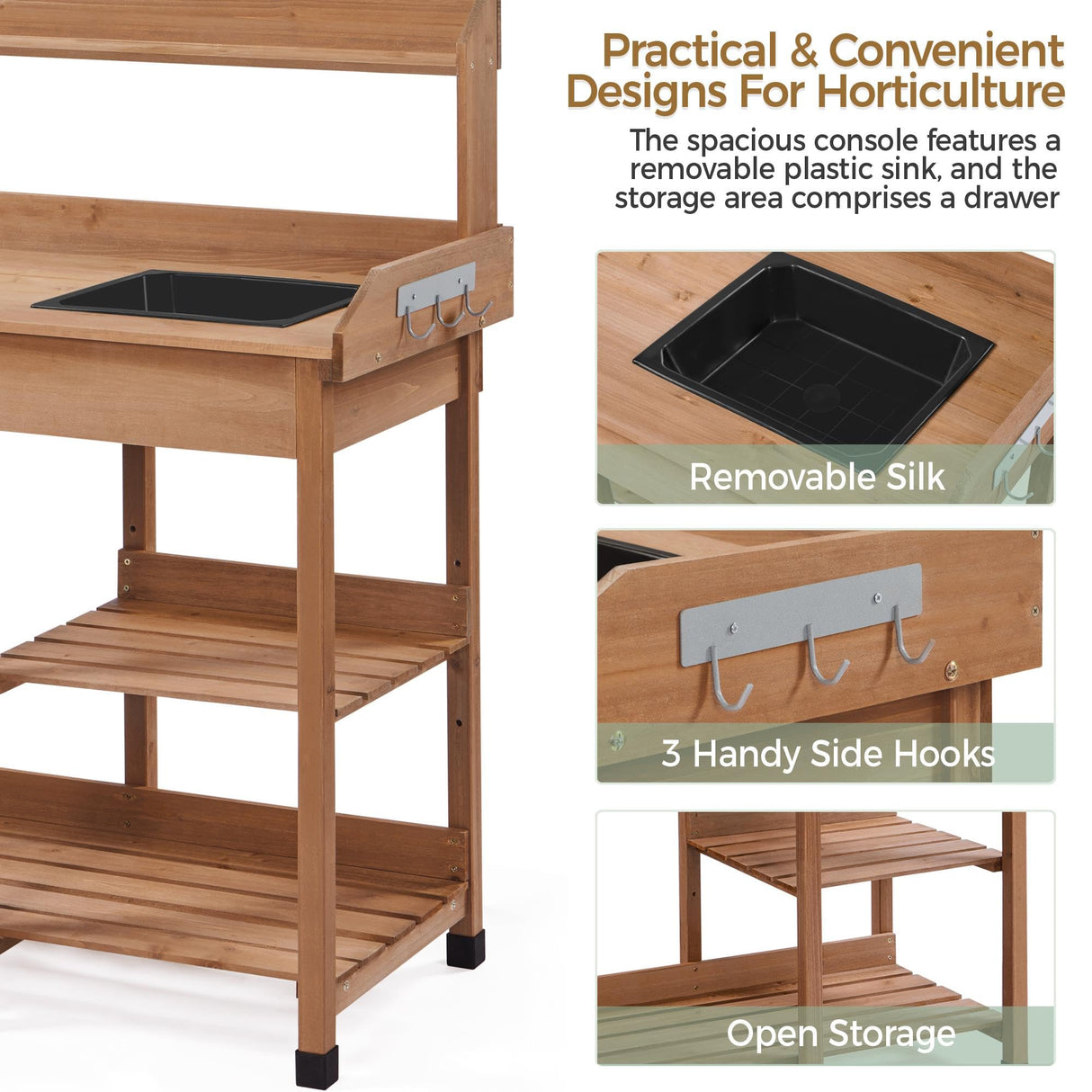 Yaheetech Potting Bench Outdoor Garden Work Bench Station Planting Solid Wood Construction for Horticulture w/Sink Drawer Rack Shelves Brown Yaheetech