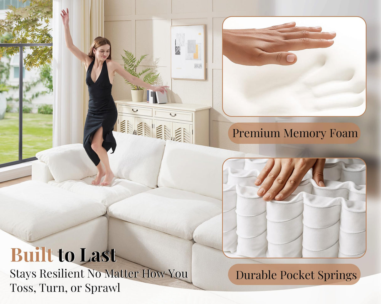 Jocisland 130 inch Cloud Couch Sectional, No-Assembly Modular Sectional Sofa with 83.5 inch Deep Chaise, Oversize Cloud Couch for Living Room, White Chenille Jocisland