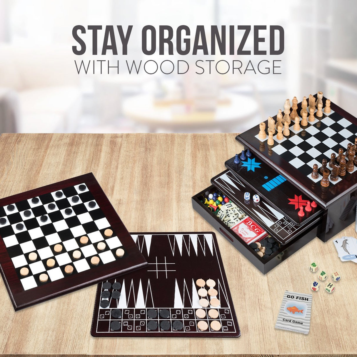 Board Game Set - Deluxe 15 in 1 Tabletop Wood-accented Game Center with Storage Drawer (Checkers, Chess, Chinese Checkers, Parcheesi, TicTacToe, SOlitaire, Snakes and Ladders, Mancala, Backgammon, Poker Dice, Playing Cards, Go Fish, Old Maid, and Dominos) Etna
