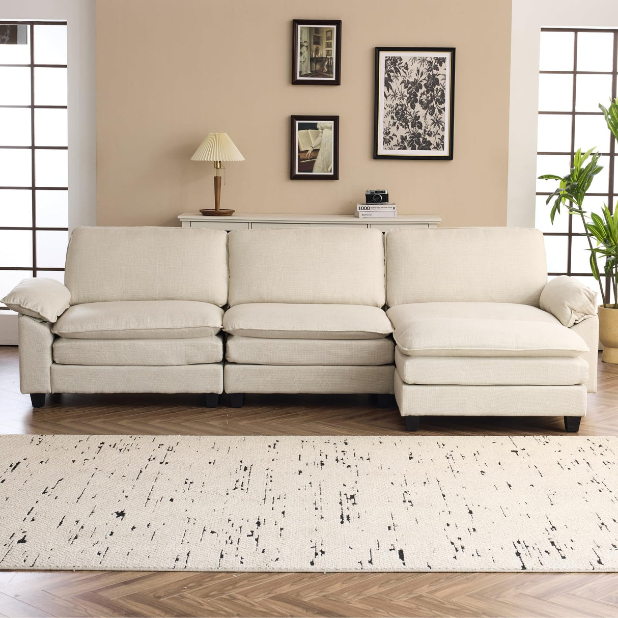 Karl home Sectional Sofa Modular Deep Seat Sofa Couch with Ottoman, Linen Sofa Sleeper Comfy Upholstered Furniture for Living Room, Apartment, Studio, Office, (3-Seat & 1-Ottoman, Beige) Karl home