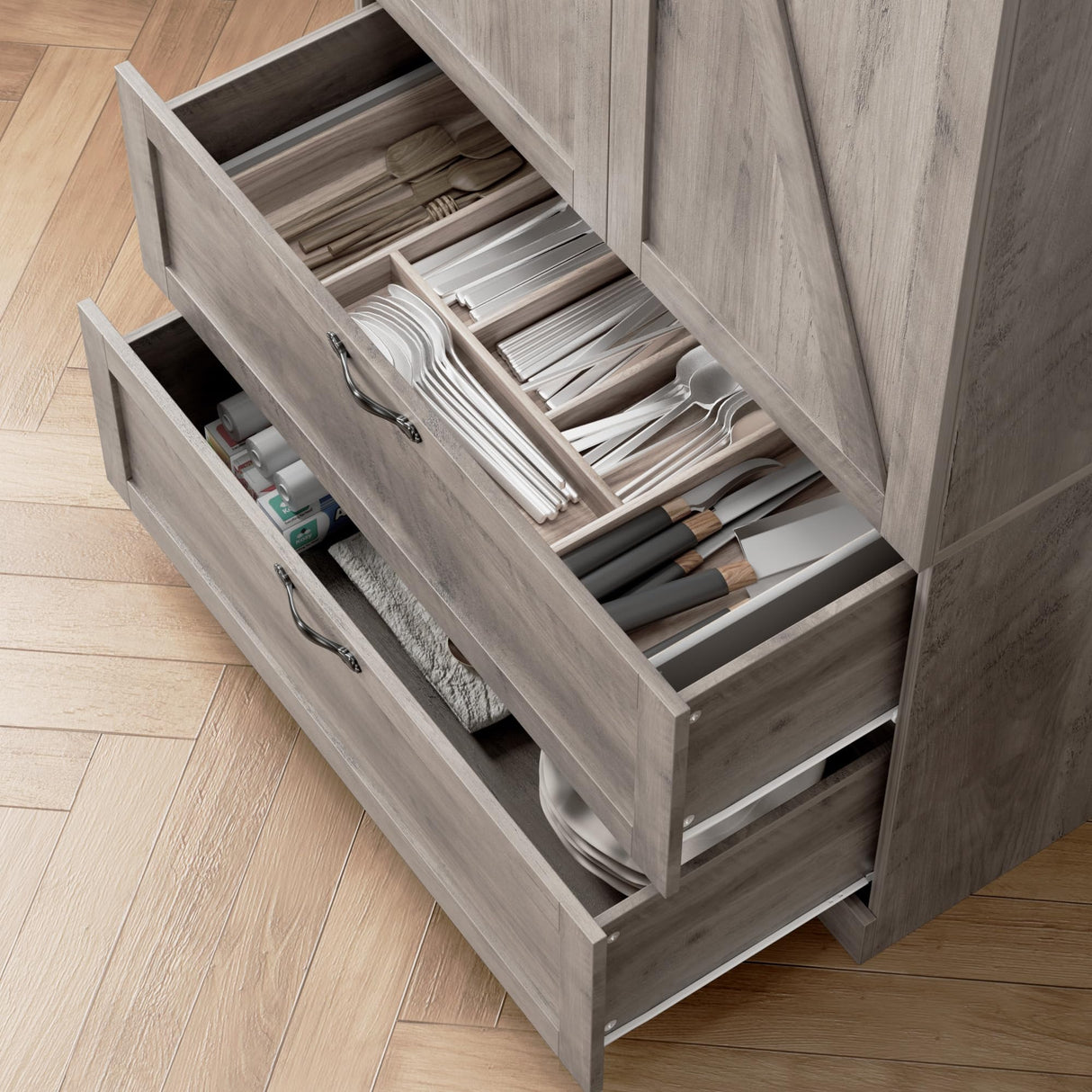 HOSTACK 70" Tall Kitchen Pantry Storage Cabinet, Barn Doors Pantry Cabinet with Drawers and Adjustable Shelf, Modern Farmhouse Storage Cabinet for Kitchen, Dining Room, Living Room, Bathroom, Ash Grey HOSTACK