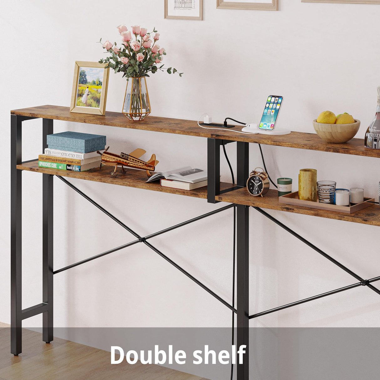 IRONCK Console Table with Power Outlet, Long Sofa Table with Shelves and X-Shaped Design, Narrow Sofa Entryway Behind Couch Table for Living Room and Hallway, Vintage Brown IRONCK