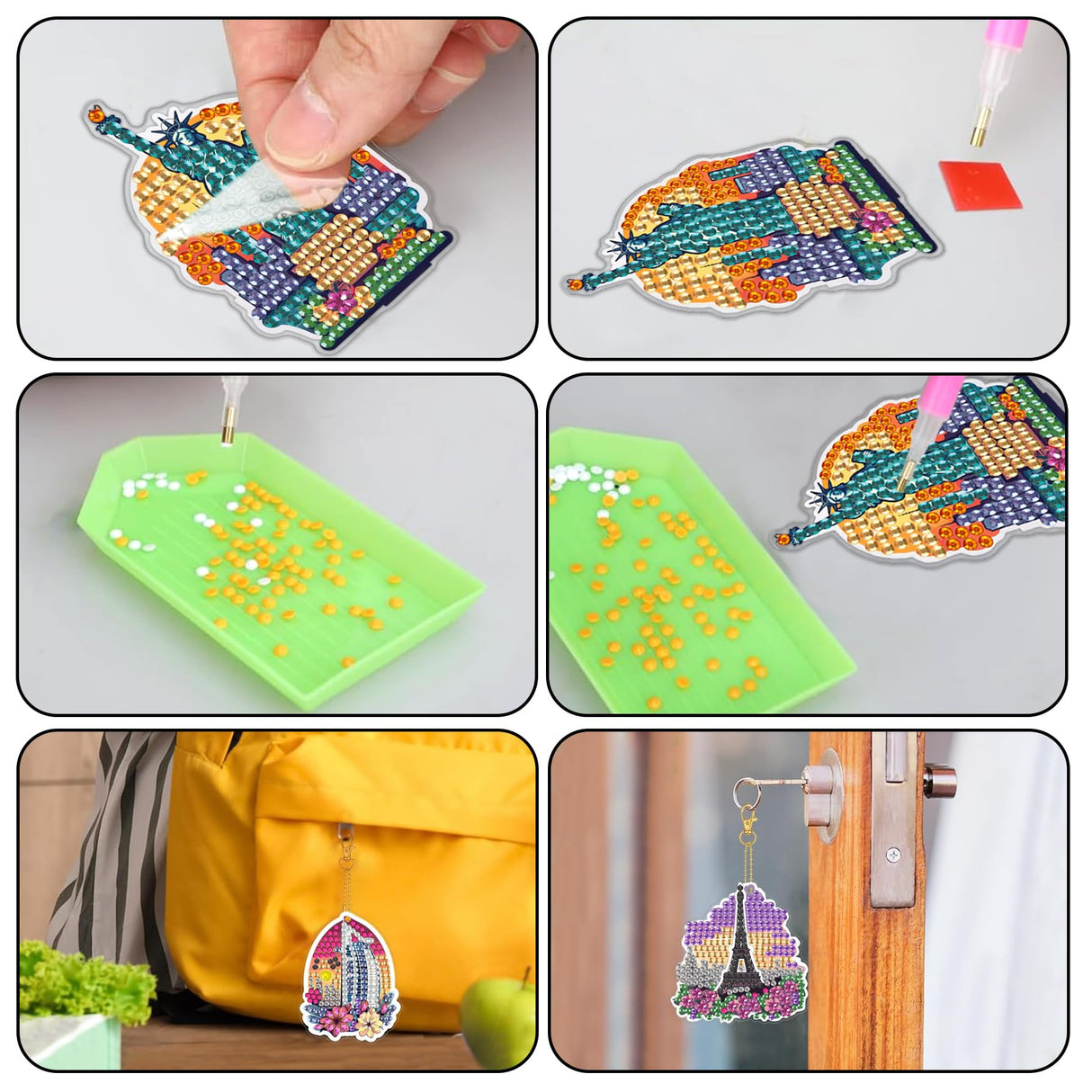 Ginfonr DIY Diamond Art Keychains Kit – 9PCS Diamond Painting Keychains for Bag with Famous Buildings, Cartoon Designs – Double-Sided Landscape Key Rings for Car, Party, Gift Decor, Garden Ginfonr