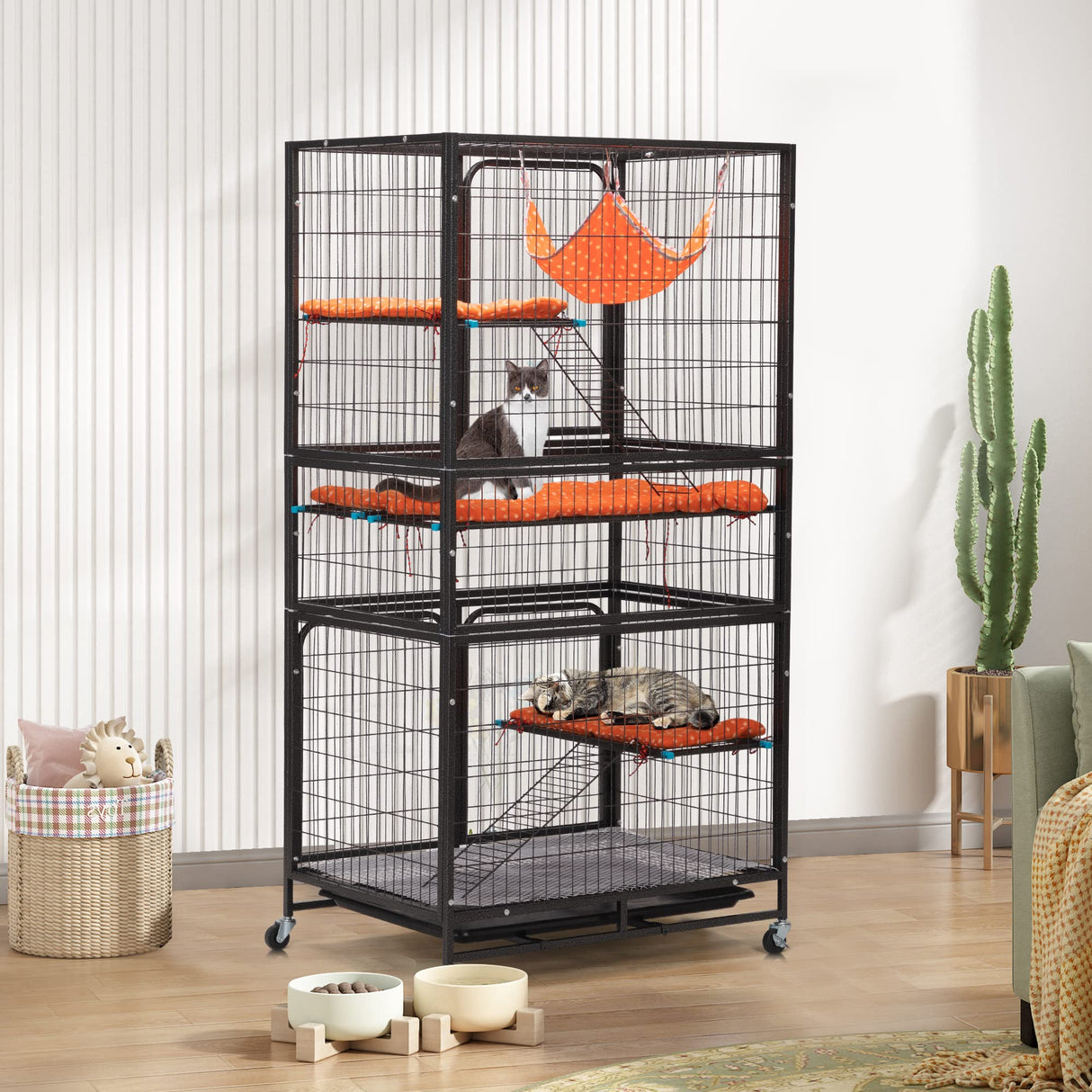 COZIVVOVV Large Cat Cage Indoor, 4-Tier Cat Enclosure Indoor with Hammock Bed, Cat Crates with 2 Ladders, Durable Wire Mesh Catios for Cats, Pet Cages for Cats with Wheels, Black COZIVVOVV