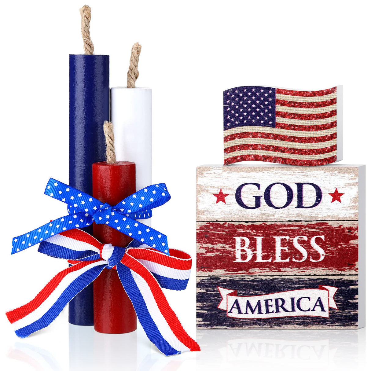 Amyhill 5 Pcs 4th of July Table Decorations Patriotic Table Centerpieces Rustic Independence Day Wood Firework Signs Tiered Tray Decor Rustic God Bless America Decor (American Flag) Amyhill