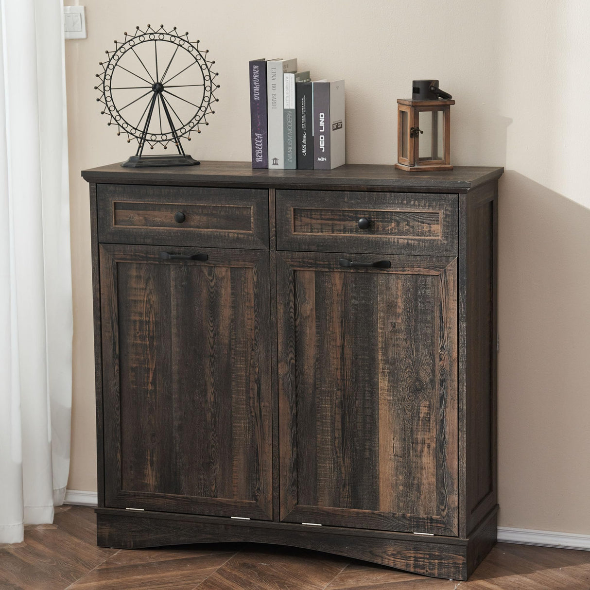 AHB 13 Gallon Tilt Out Trash Cabinet Free Standing Trash Bin Holder Recycling Cabinet with Hideaway Drawers, Pet Proof Garbage Can Cabinet for Kitchen Living Room, Rustic Brown AHB