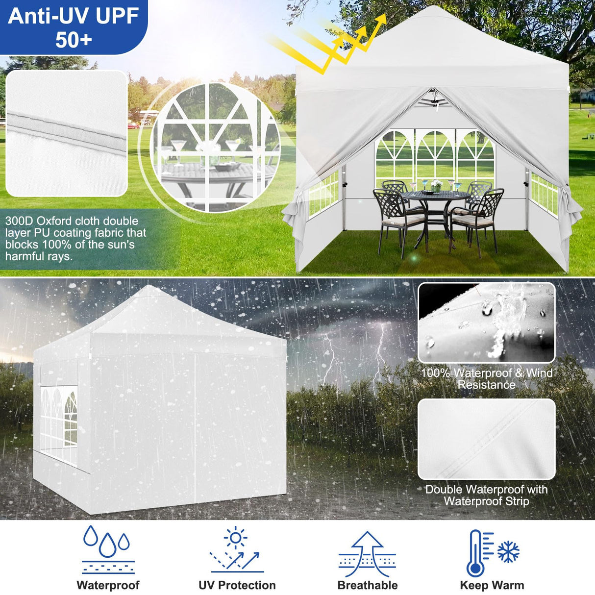Tooluck 10x10 Pop up Canopy Commercial Heavy Duty Canopy Tent with 4 sidewalls Easy Up Outdoor Party Tent Instant Canopy All Season Windproof & Waterproof Gazebo with Roller Bag,White(Frame Thickened) Tooluck