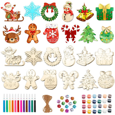 SPOKKI 108PCS Wooden Christmas Ornaments Unfinished to Paint, 12 Styles DIY Blank Wood Slices for Crafts, Christmas Tree Hanging Decorations, Holiday DIY Art Craft Kit for Kids and Adults