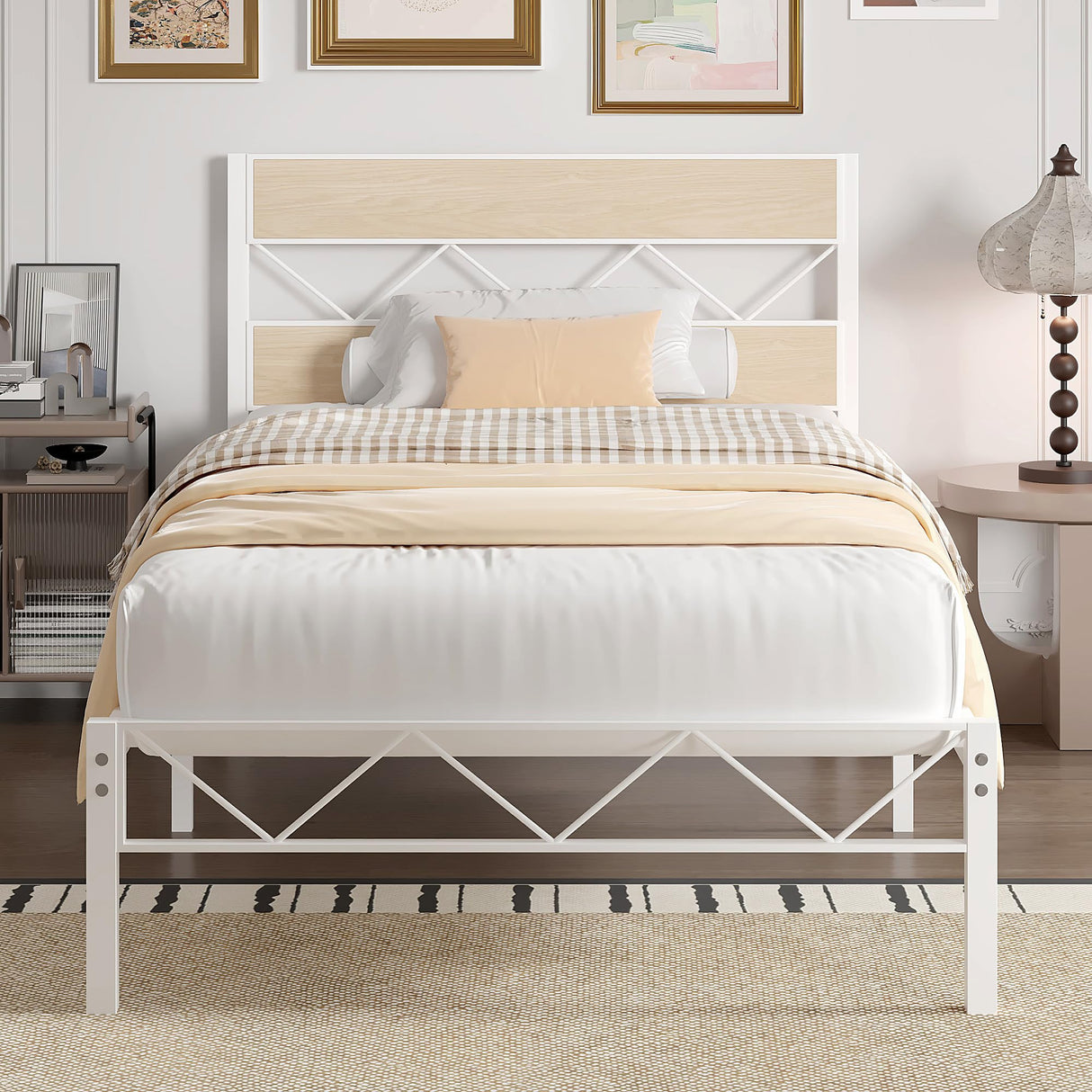 VECELO Twin Size Bed Frame with Headboard, Heavy-Duty Platform Bedframe with Metal Slats Support, No Box Spring Needed, Easy Assembly, White & Natural VECELO