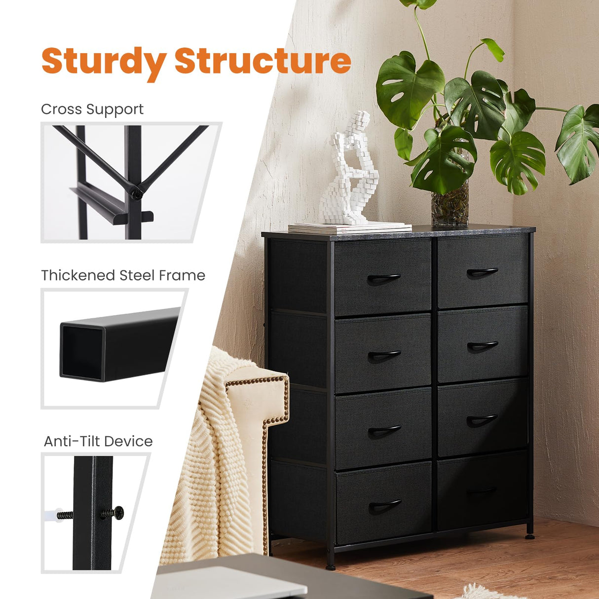 Sweetcrispy Dresser for Bedroom with 8 Storage Drawers, Tall Large Fabric Storage Tower Organizer, Chest of Drawers with Metal Frame Wooden Top for Nursery, Closet, Living Room, Entryway, Black Sweetcrispy