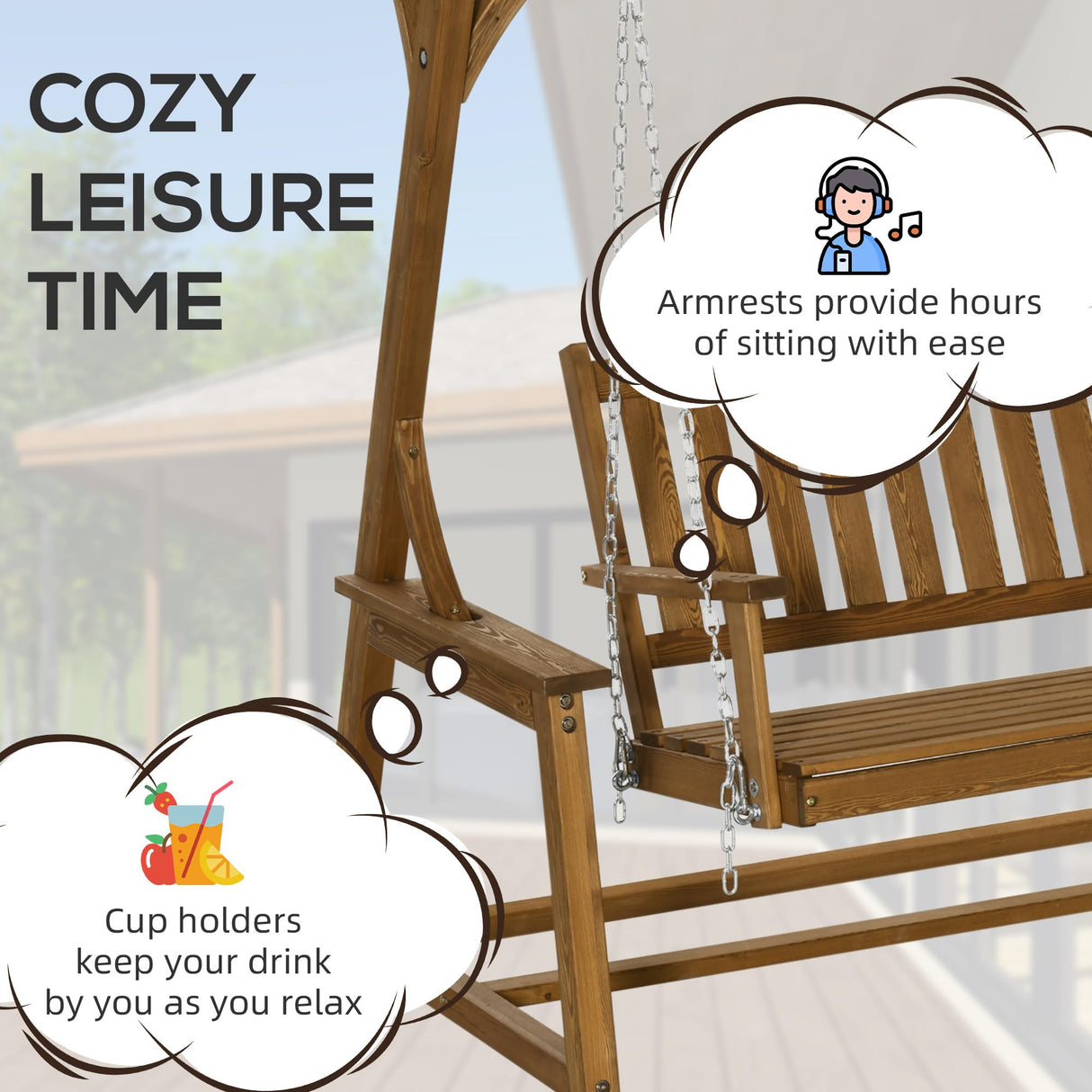 Outsunny 2 Seater Outdoor Swing Loveseat with Canopy and Hanging Chains, Patio Swing Chair, Wooden Porch Swing Glider, for Garden, Poolside, Backyard Outsunny