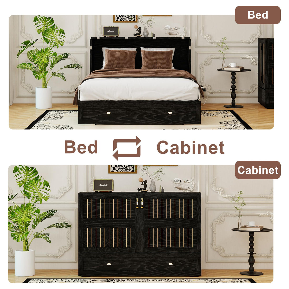 GraceGrove Queen Size Murphy Bed:Wood Queen Murphy Bed Cabinet with Large Storage Drawer,Optimize Sleeping Space(Mattress Not Included) Black-11 GraceGrove