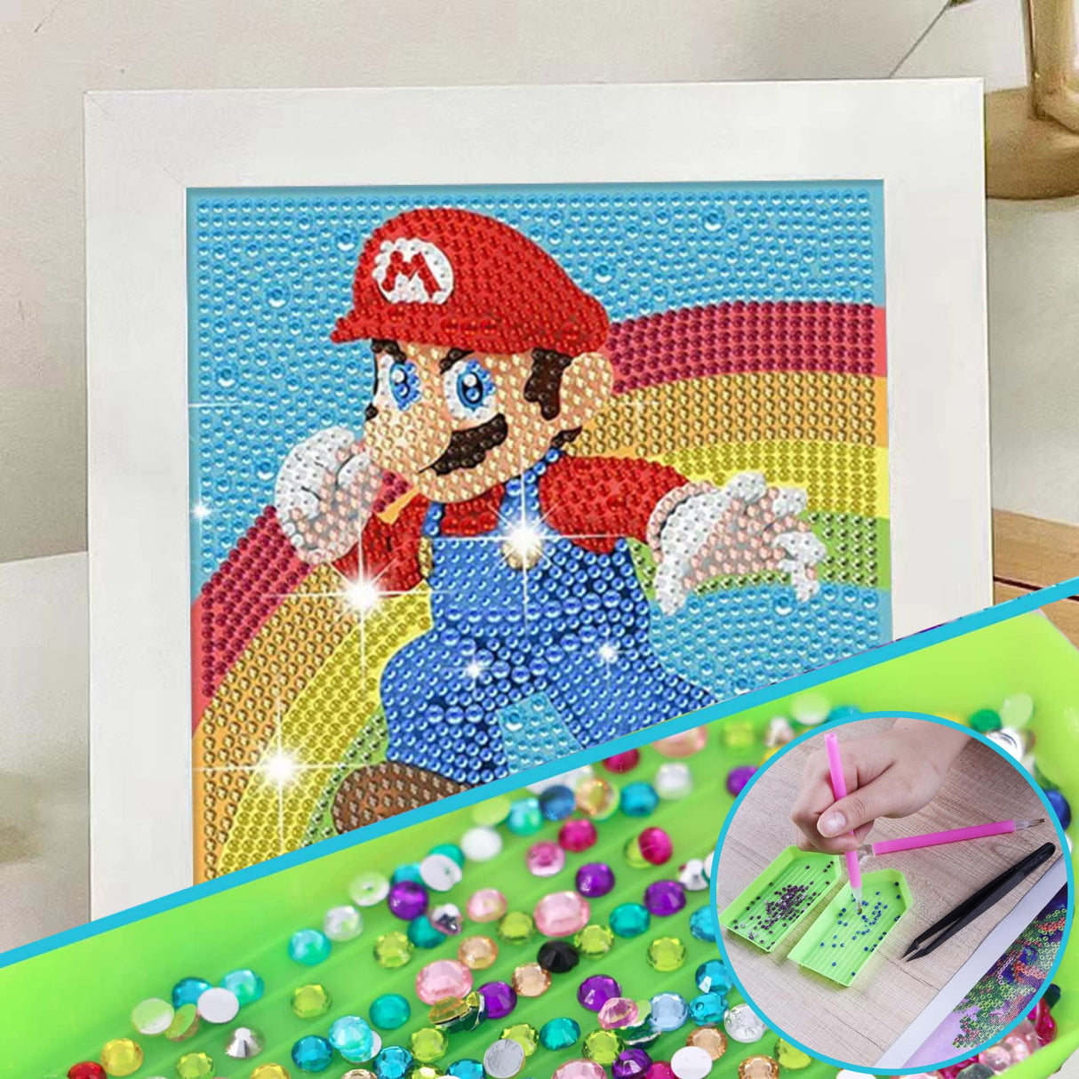 USACRAFT Cute Diamond Painting Kits Large 7x7 Natural Wooden Frame, Mosaic Kits, Sparkling Crystal Gems, Pen, Arts & Crafts Tray, Gum. Famous Characters.Art Painting Kit USACRAFT