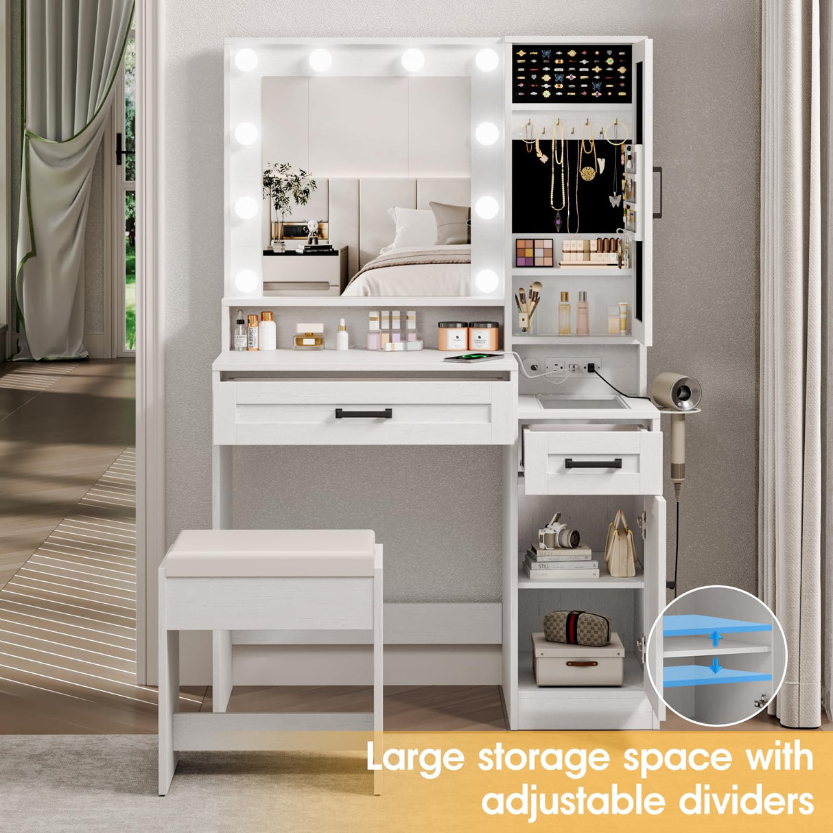 Fameill Vanity Desk with Mirror and Lights,Make up Vanity with Chair and Outlet,Dressing Table with Jewelry Cabinet, Bedroom Vanity with 2 Drawers, 3 Lighting Colors,36.4 inch,White Fameill