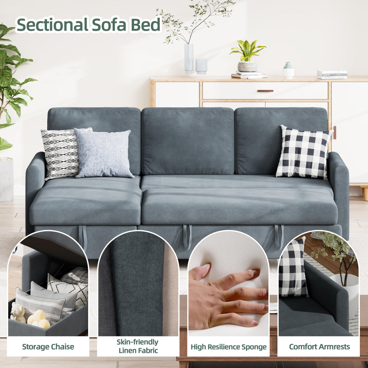 Shintenchi Sofa Couch, Pullout Sofa Bed,2 in 1 Pull Out Couch Bed with Storage Chaise for Living Room,Sleeper Sofa Couches Linen Sectional Sofa Shintenchi