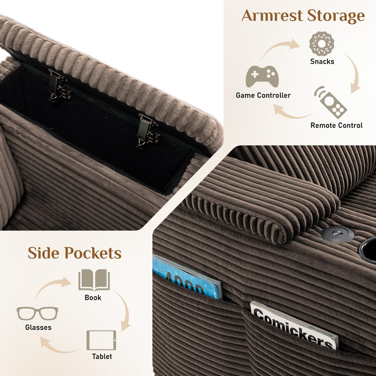 110" Oversized Cloud Couch U Shaped Modular Sectional Sofa L Shaped Sectional Couches for Living Room Comfy Corduroy Cloud Sofa with Ottoman, USB Port, Cup Holder, Armrest Storage, Side Pocket, Brown ONEMMLION