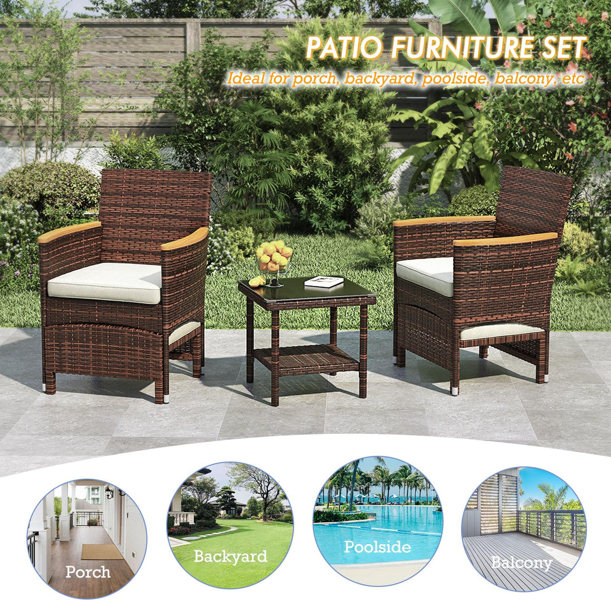5 Piece Outdoor Patio Furniture Set with Table&Ottoman Outdoor Furniture Patio Set Bistro Wicker Patio Set of 2 Outside Lawn Chairs Conversation Sets for Porch Balcony Deck(Brown Wicker&Khaki Cushion) ARTBUSKE