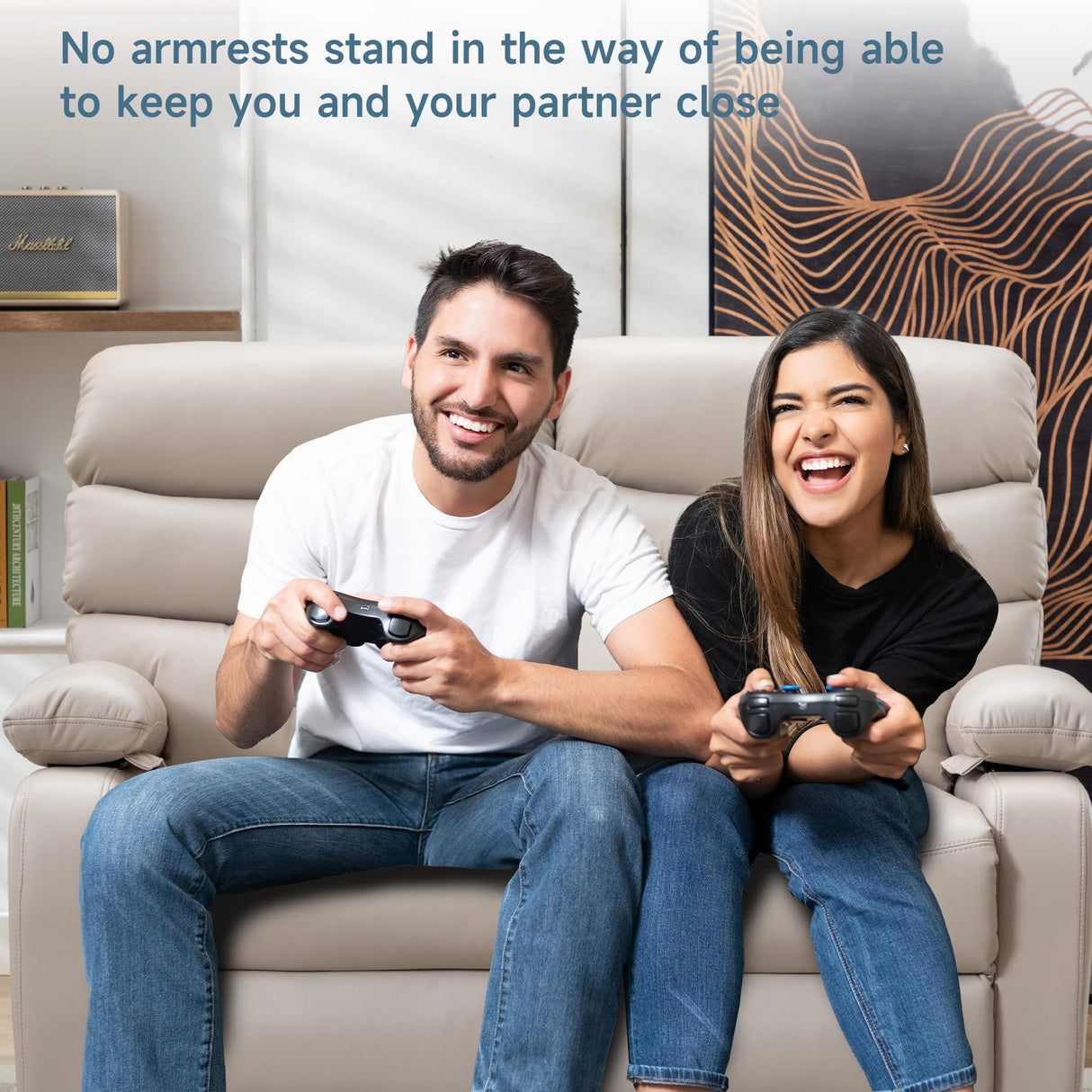 GNMLP2020 Reclining Loveseat, Leather Double Recliner Sofa with Side Pocket, Wall Hugger Loveseat Recliner for Living Room, RV, Home Theater(Beige) GNMLP2020